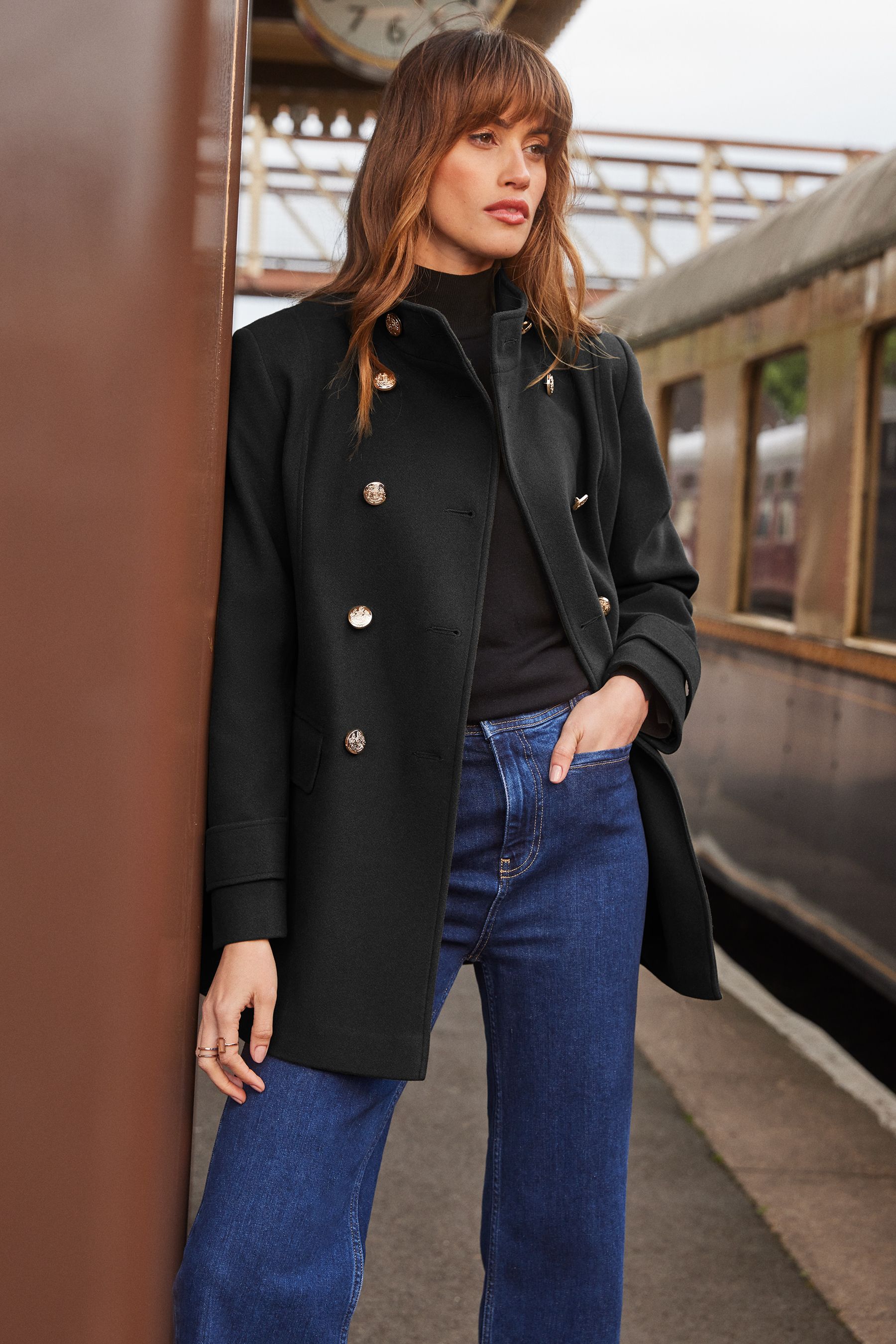 Buy Love Roses Black Funnel Neck Short Double Breasted Military Coat from Next Luxembourg