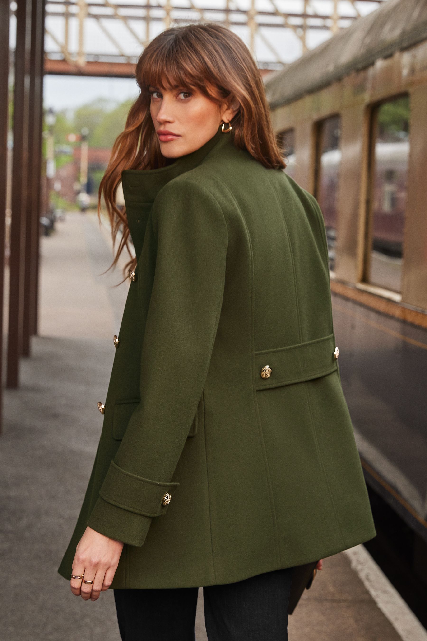 Buy Love Roses Khaki Green Funnel Neck Short Double Breasted Military Coat from Next Luxembourg