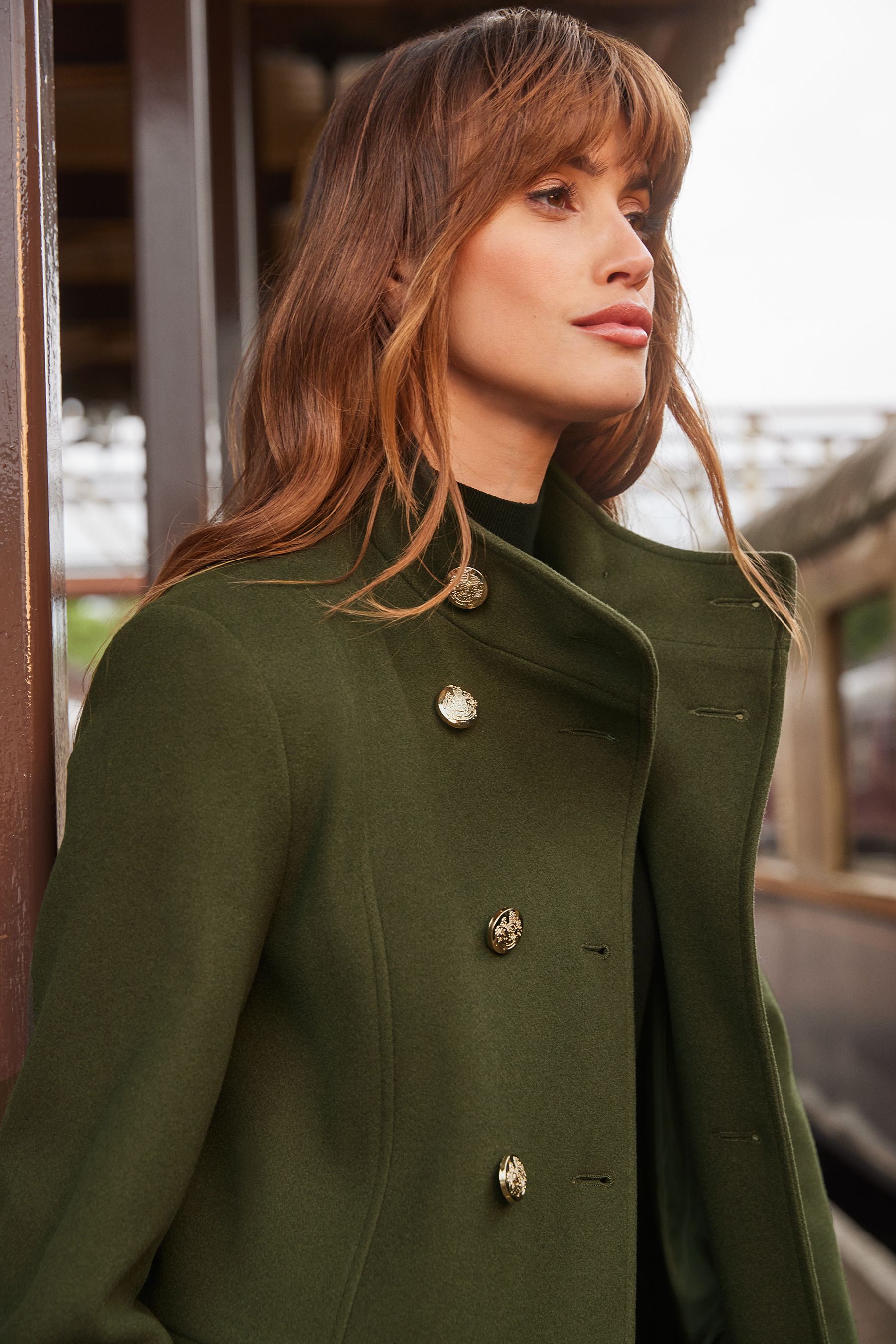 Buy Love Roses Khaki Green Funnel Neck Short Double Breasted Military Coat from Next Luxembourg