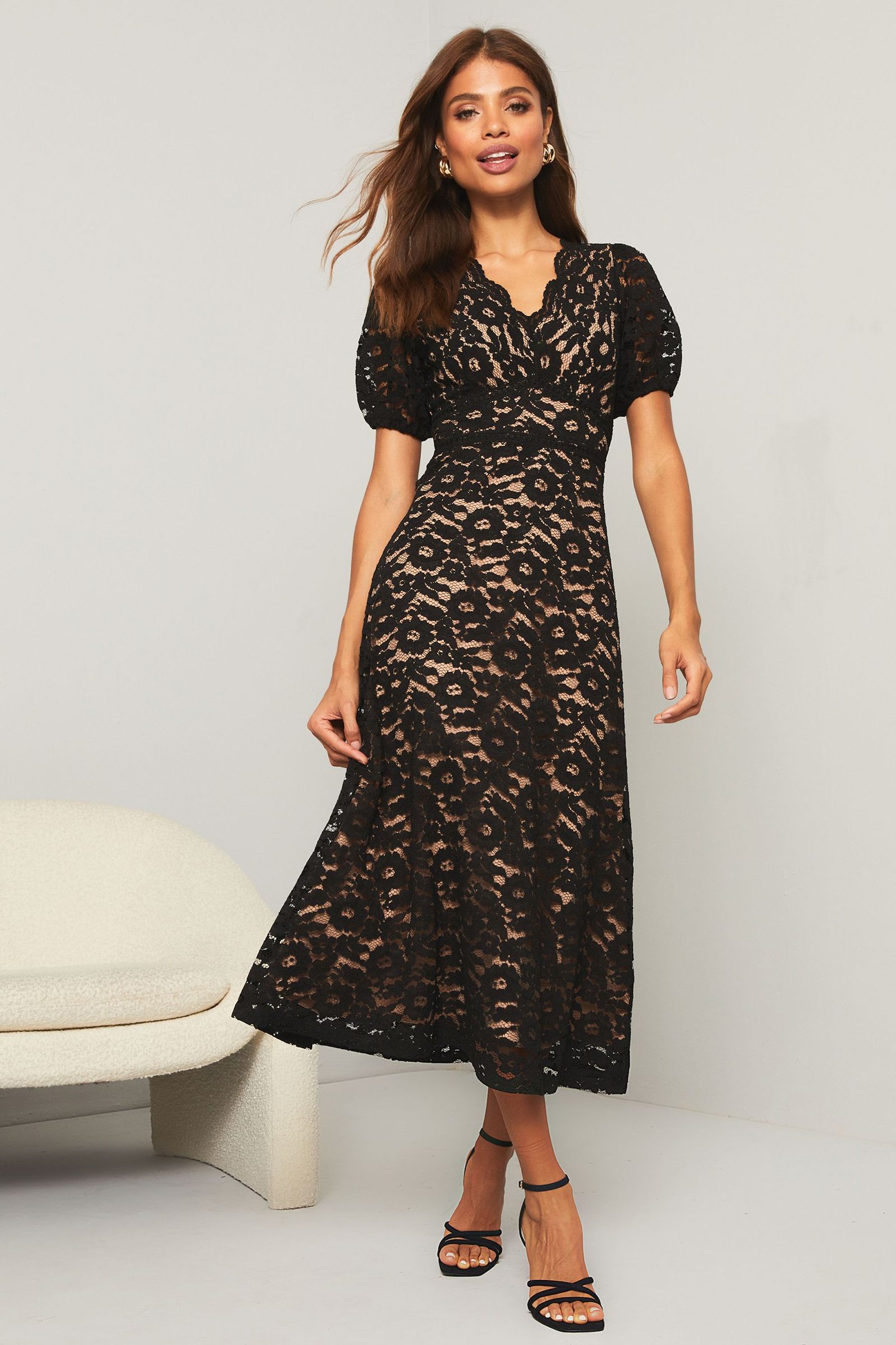 Buy Lipsy Black Lace Prom Scallop V Neck Puff Sleeve Midi Dress from Next Luxembourg