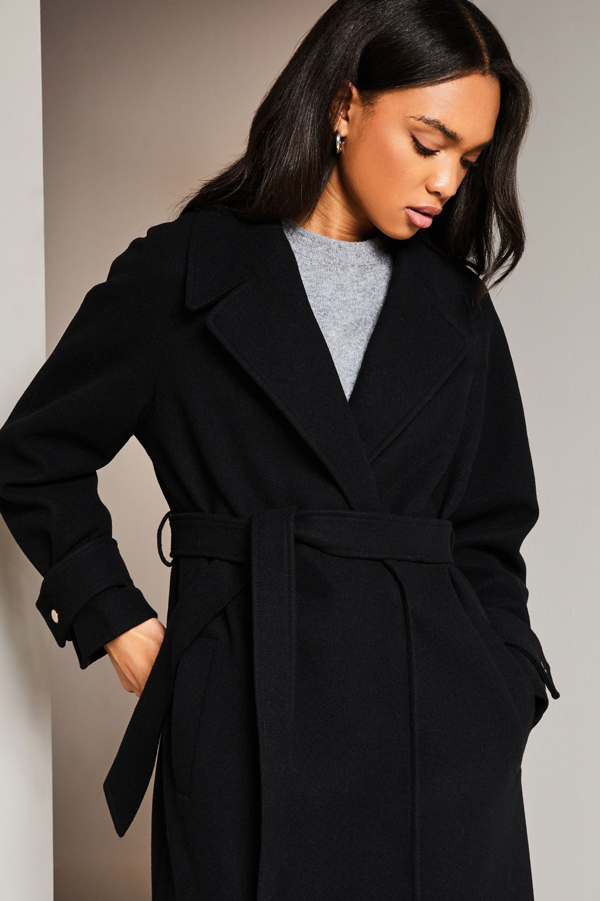 Lipsy Black Belted Smart Wrap Trench Coat - Image 4 of 5