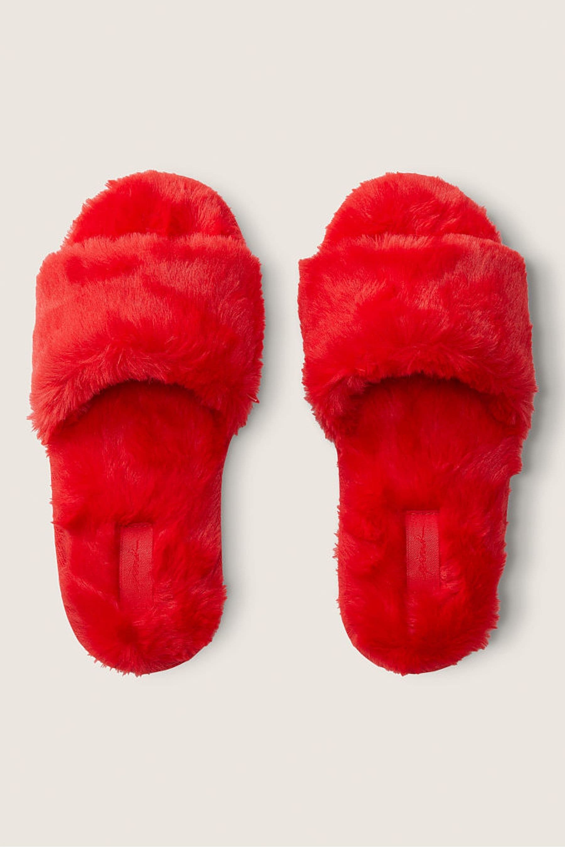 Red faux fur slippers cheap