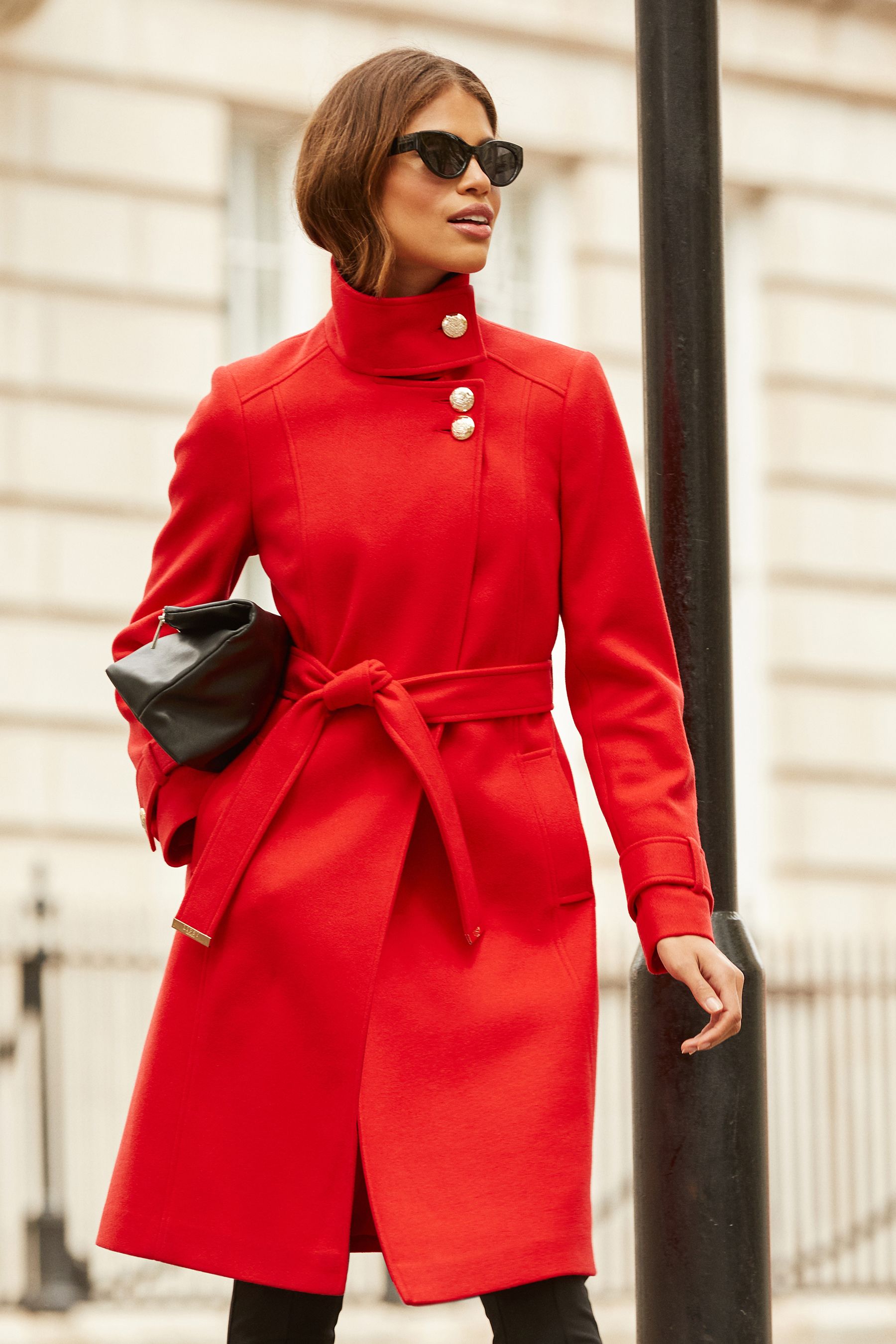 Buy Lipsy Red Military Button Wrap High Neck Belted Coat from Next Luxembourg