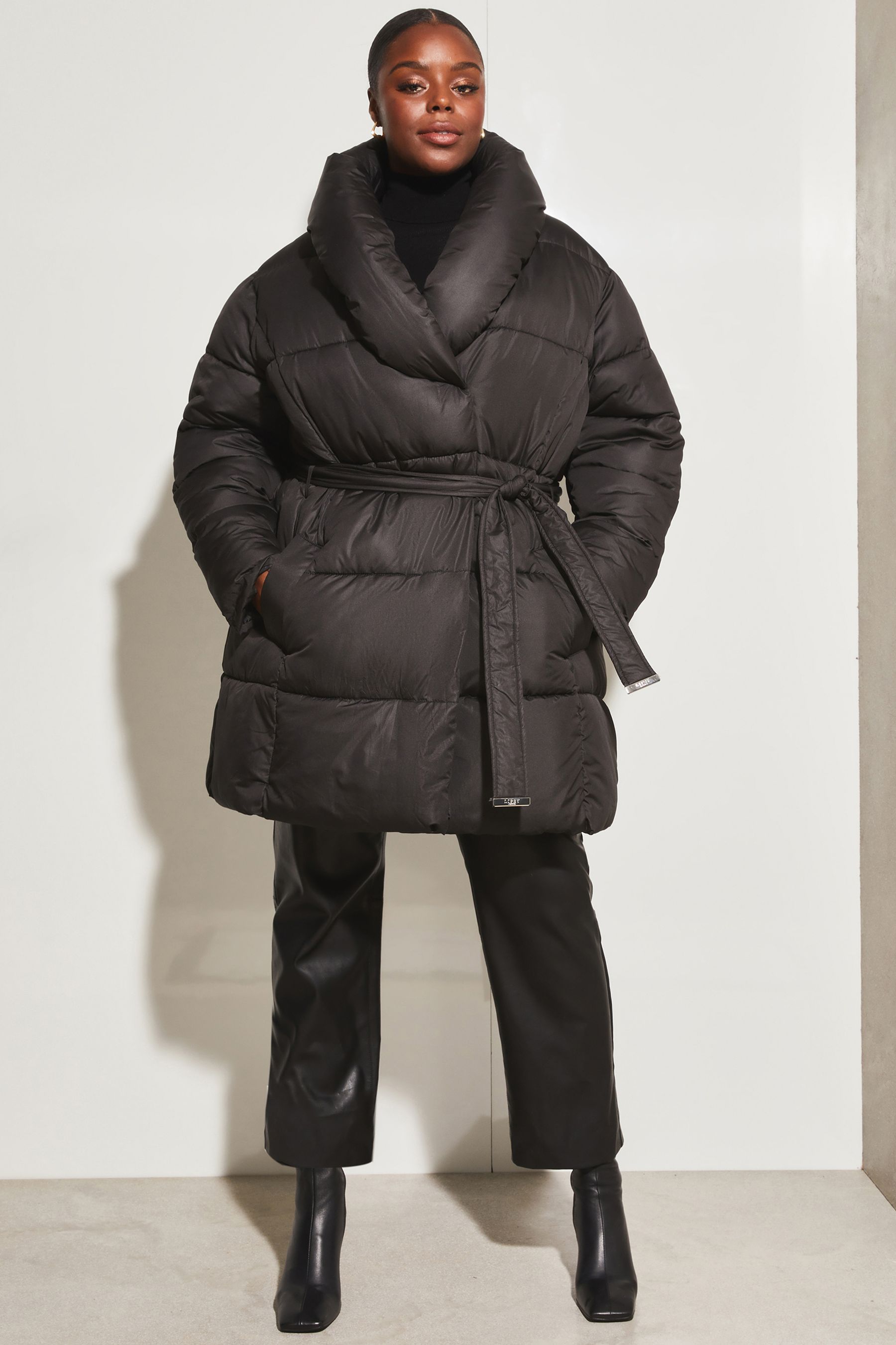 Buy Lipsy Black Curve Collar Belted Wrap Padded Coat from Next Luxembourg