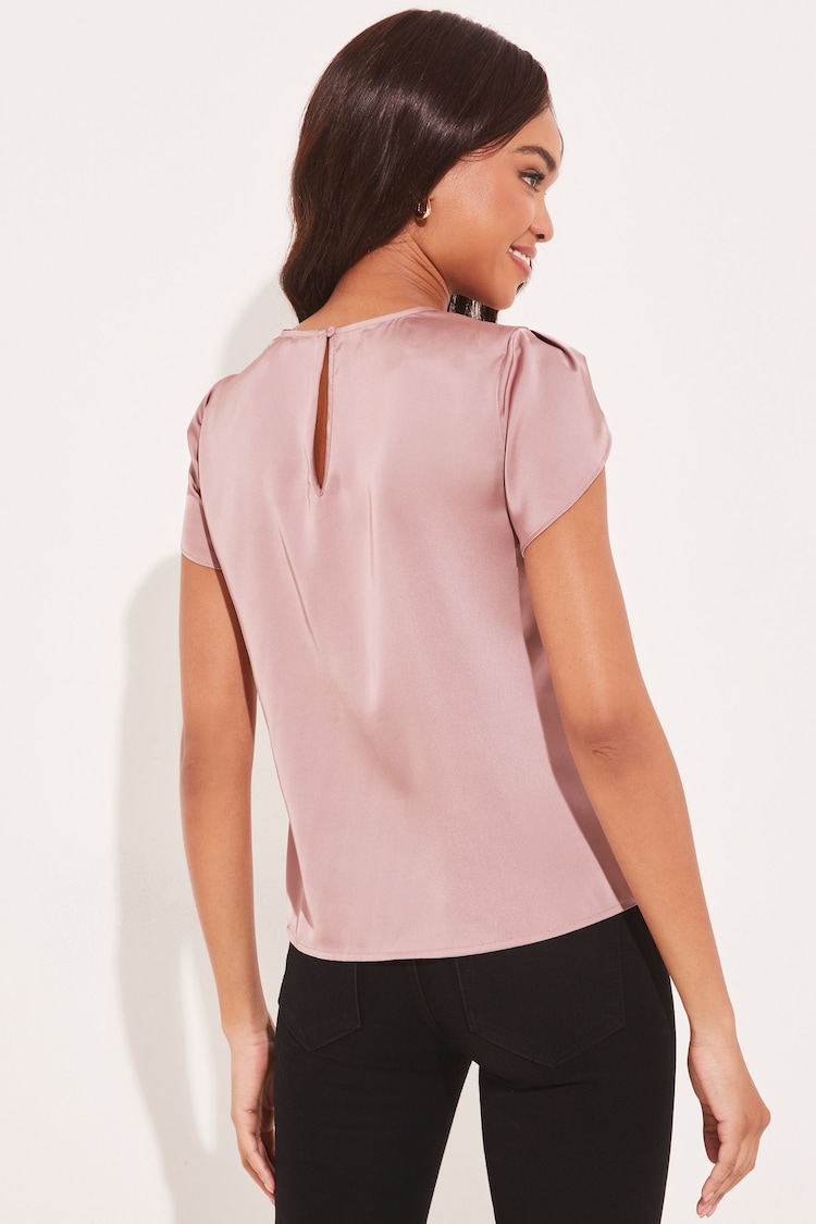 Lipsy Nude Tulip Sleeve Round Neck Button Detail Satin Top - Image 2 of 4