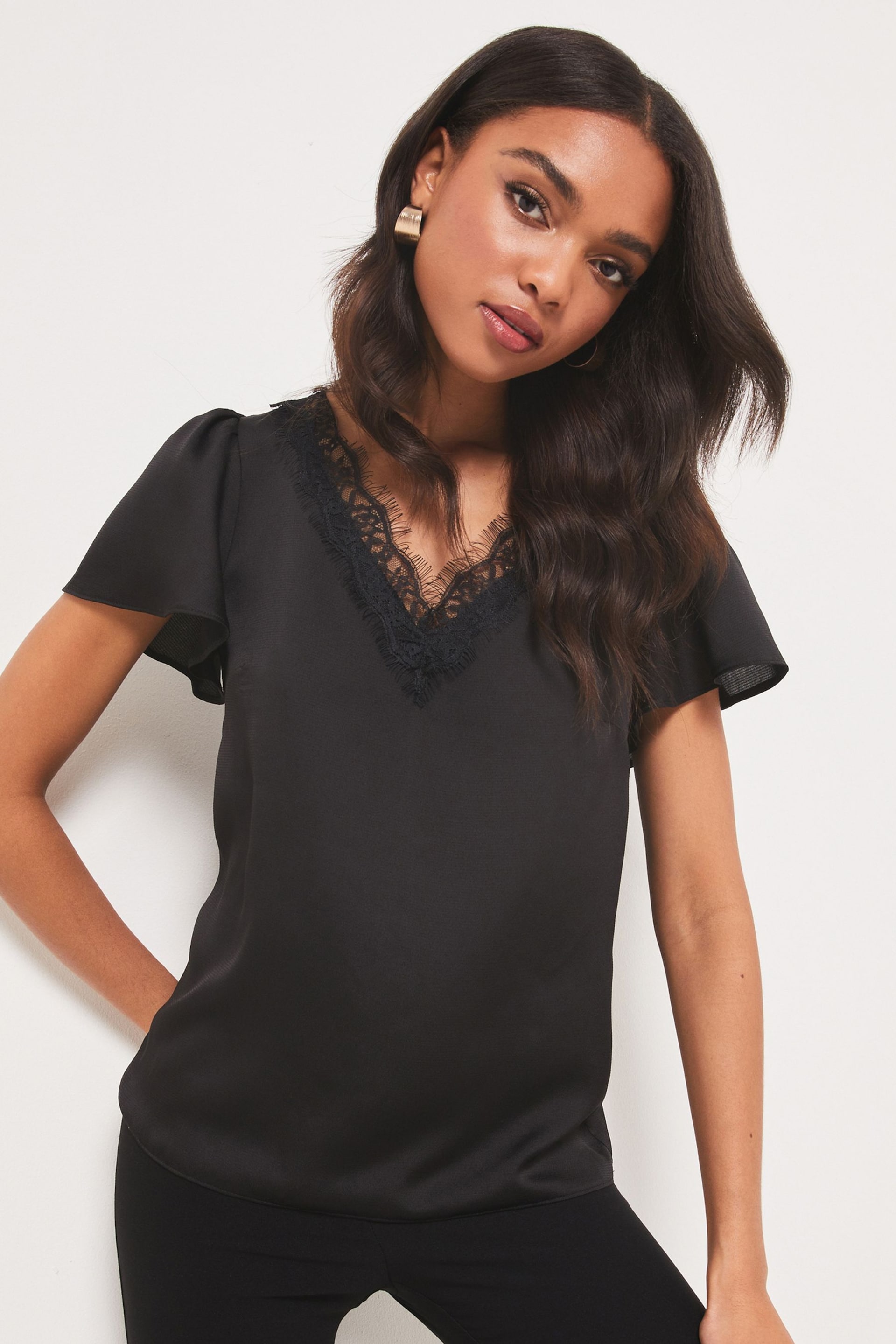Lipsy Black Satin Lace Trim V Neck Short Sleeve T-Shirt - Image 4 of 4
