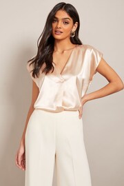 Friends Like These Ivory V Neck Short Sleeve Satin Blouse - Image 1 of 4