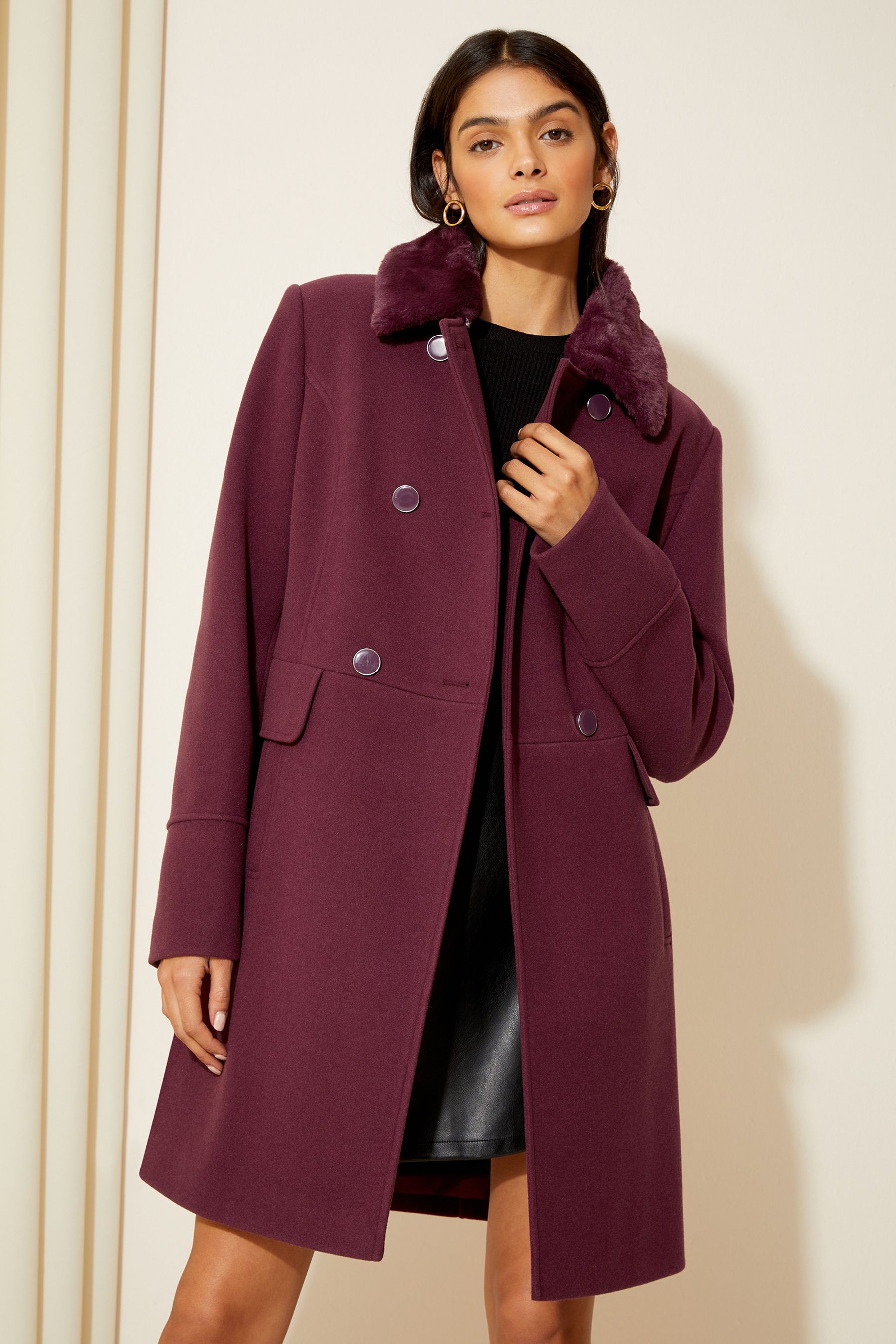 Buy Friends Like These Berry Red Faux Fur Collar Military Button Coat from Next Luxembourg