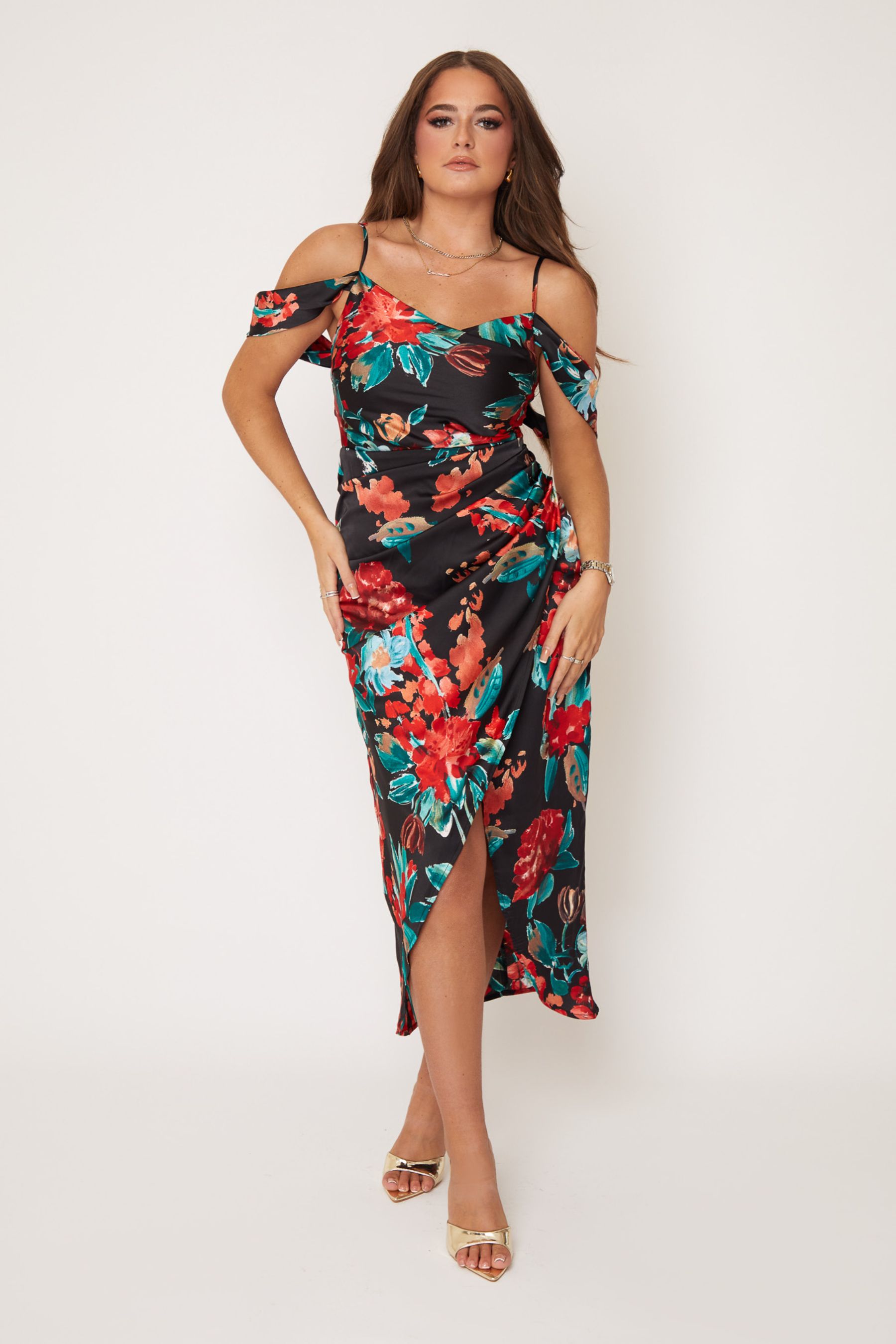 Red floral cold shoulder dress new arrivals