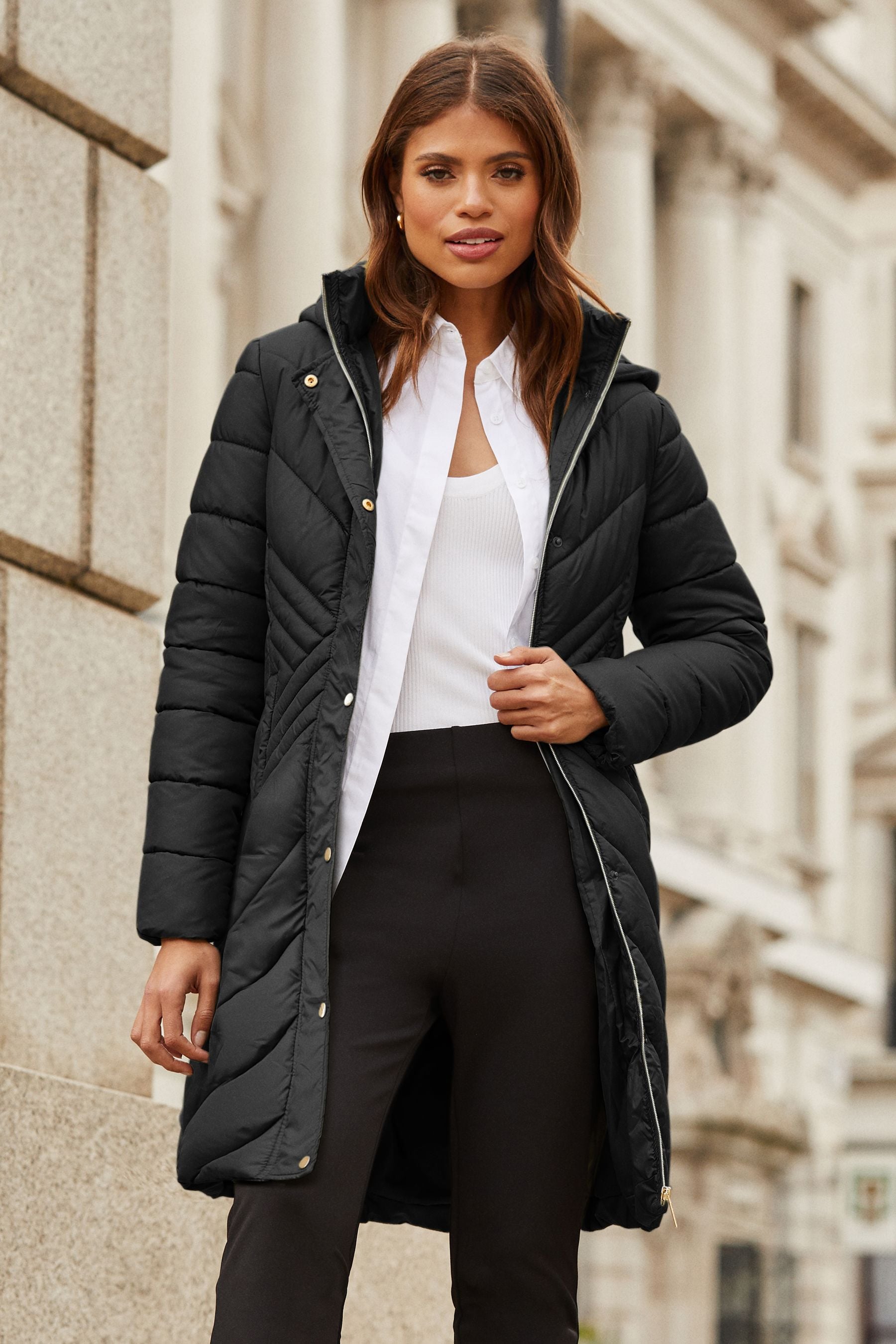 Lightweight long padded jacket clearance
