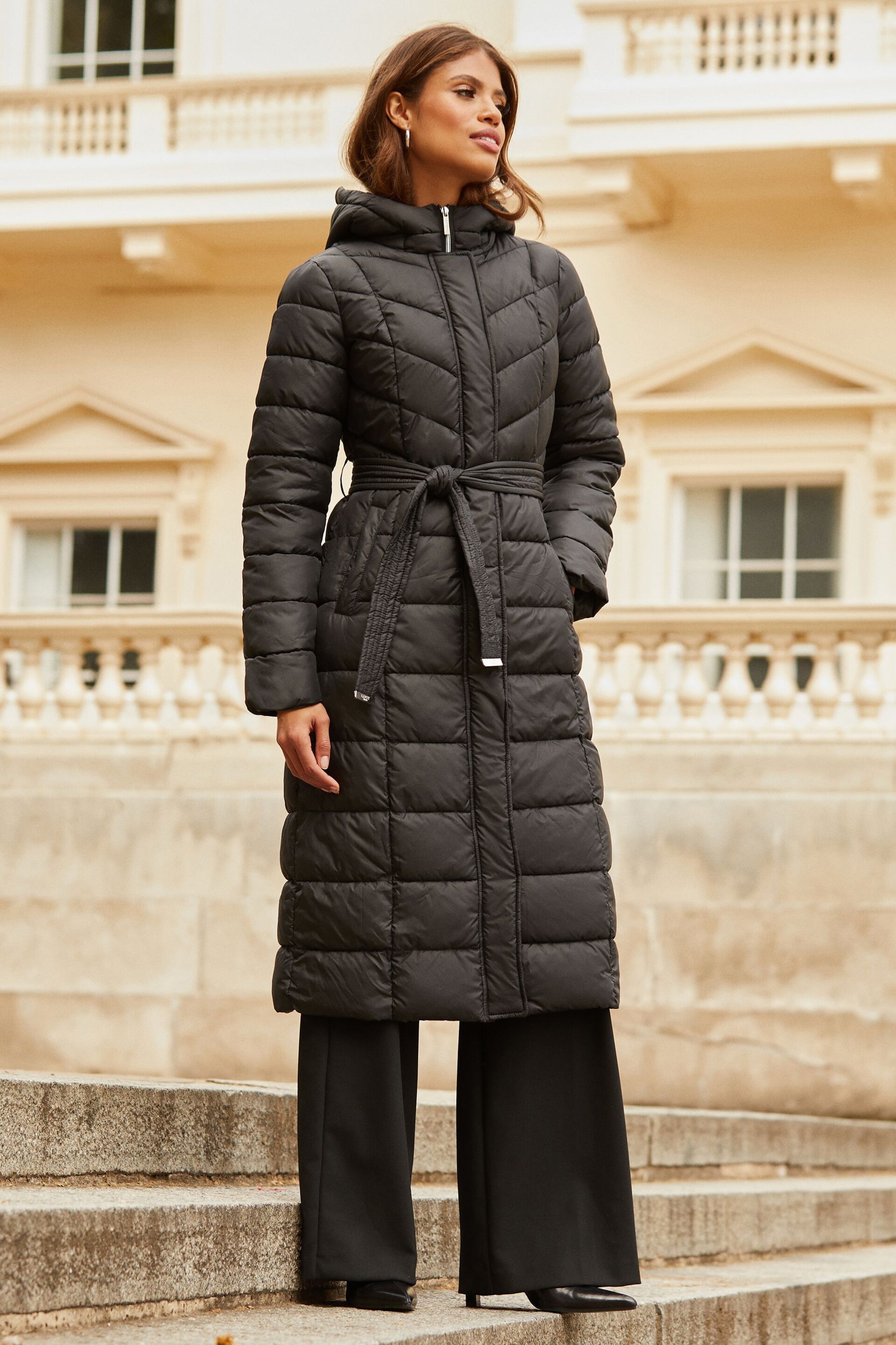 Lipsy Black Slim Longline Duvet Hooded Padded Coat - Image 1 of 4