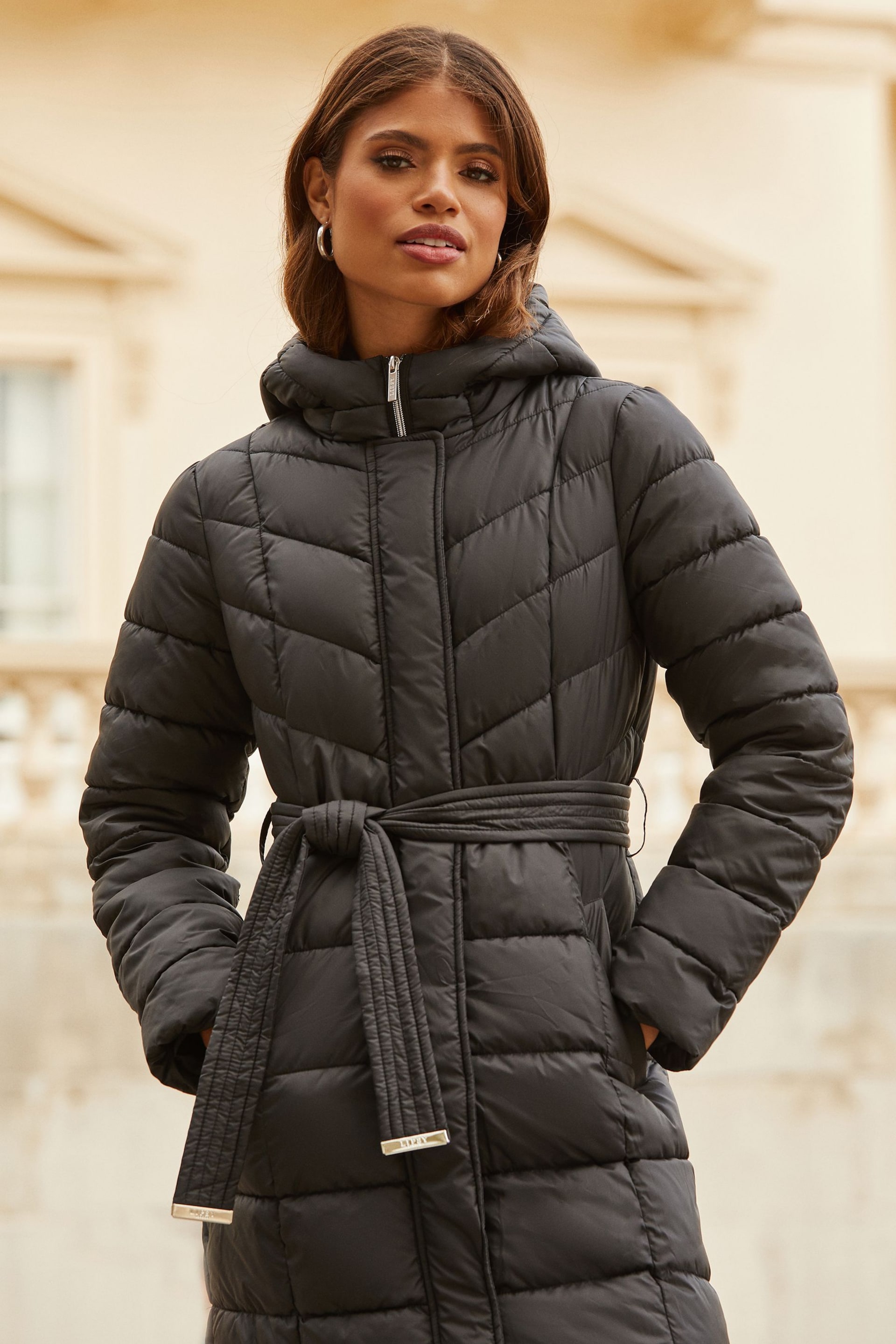 Lipsy Black Slim Longline Duvet Hooded Padded Coat - Image 3 of 4