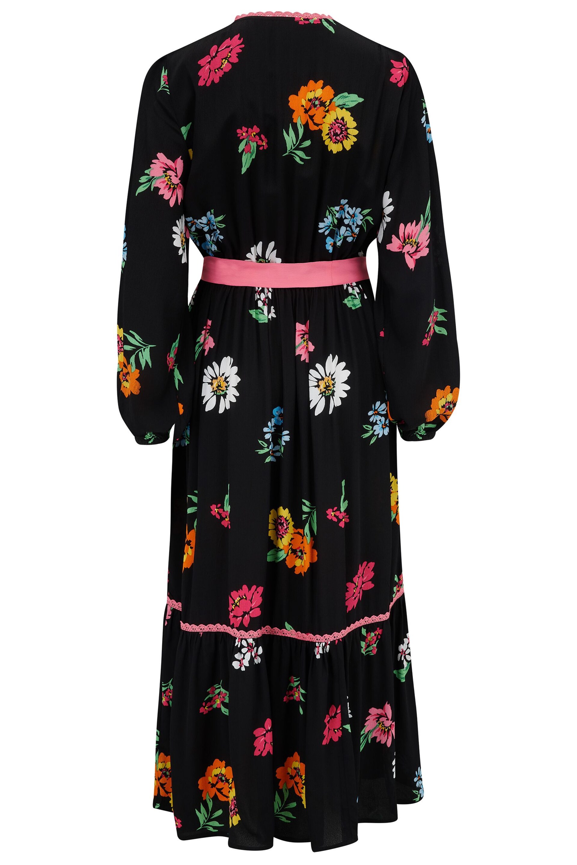Pour Moi Black Floral Amara Wrap Front Tiered Woven Midi Dress - Image 5 of 5