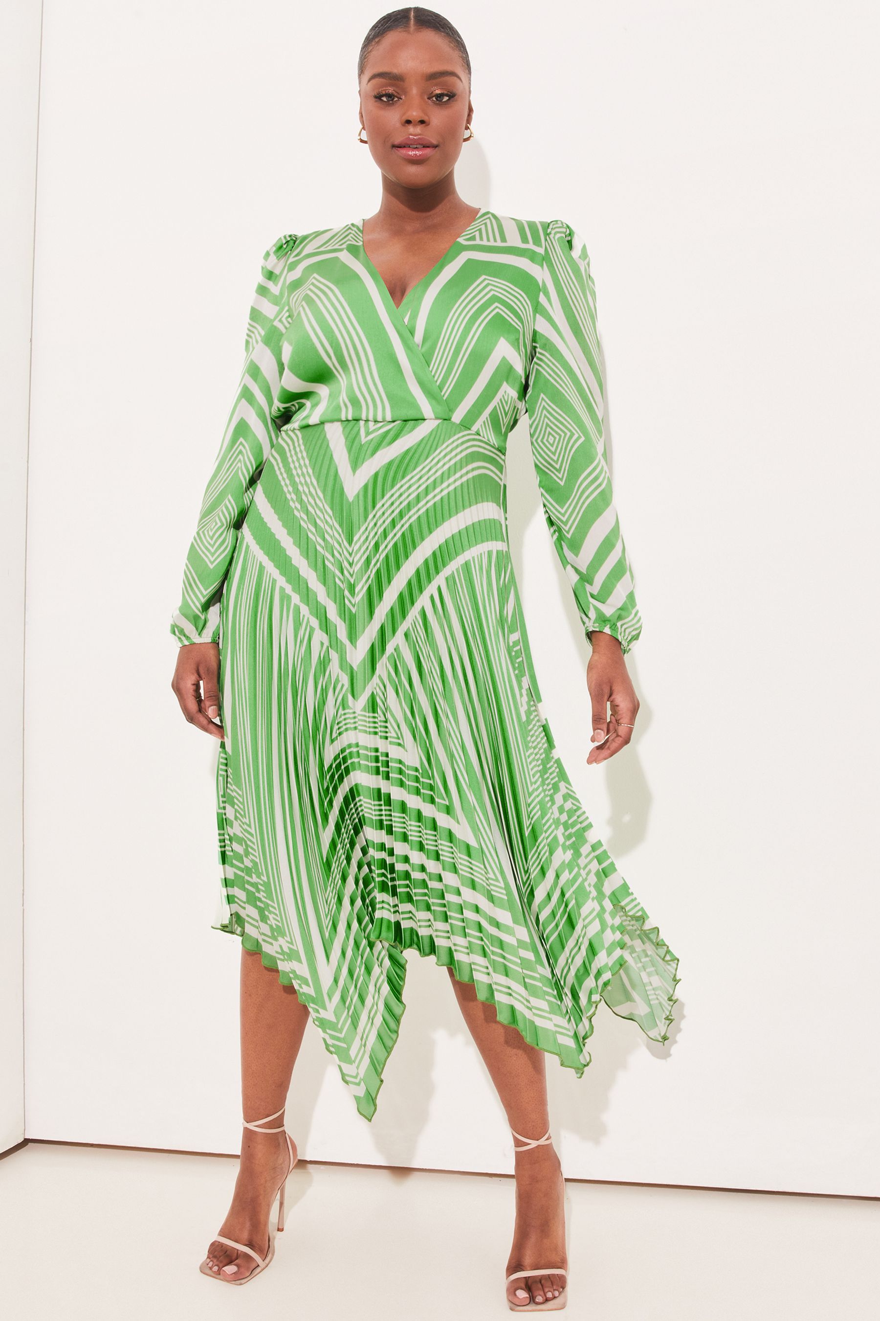Buy Lipsy Green Print Curve Long Sleeve Pleated Wrap Midi Dress from Next Luxembourg
