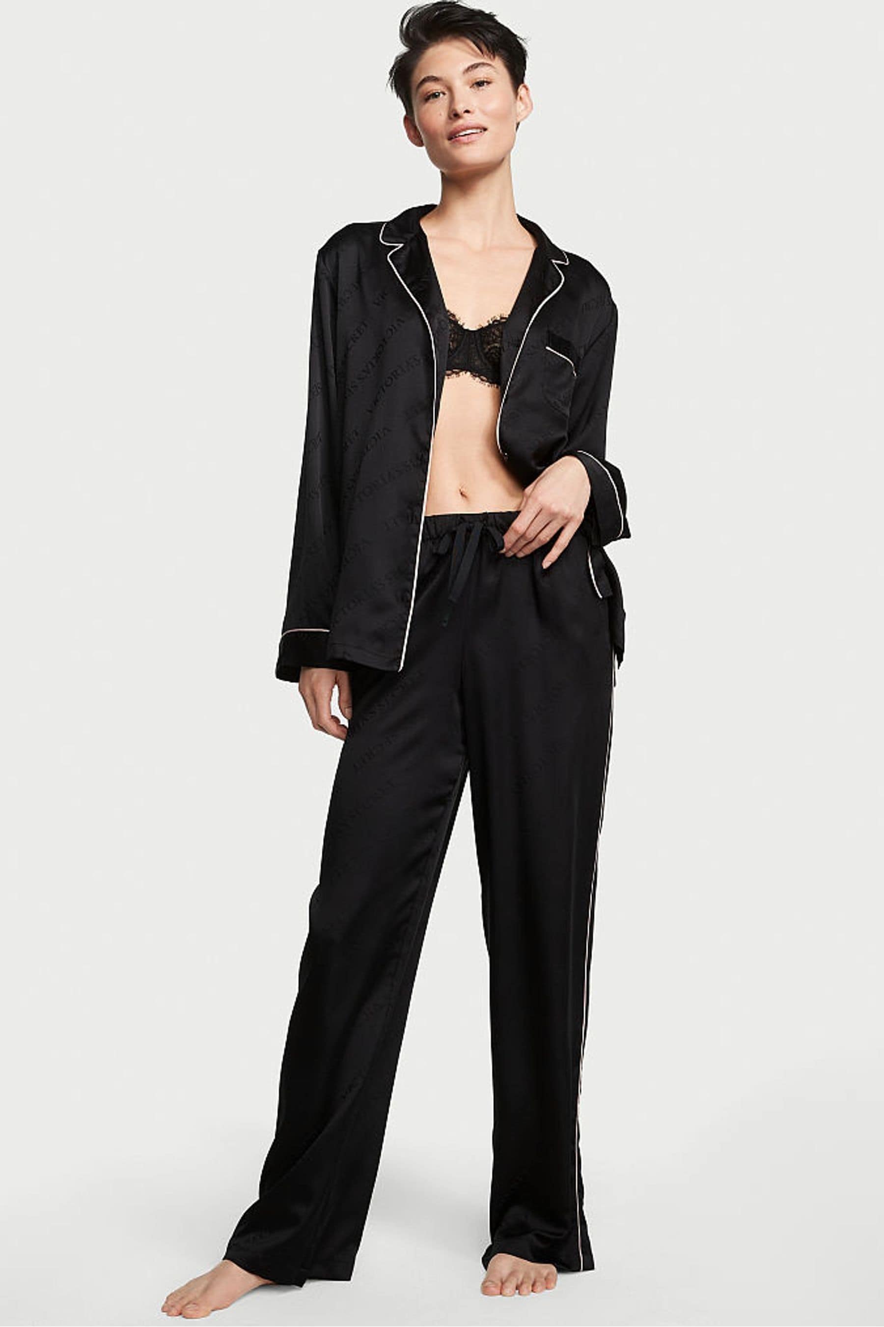 Victoria s Secret Black Logo Satin Long Pyjama Set