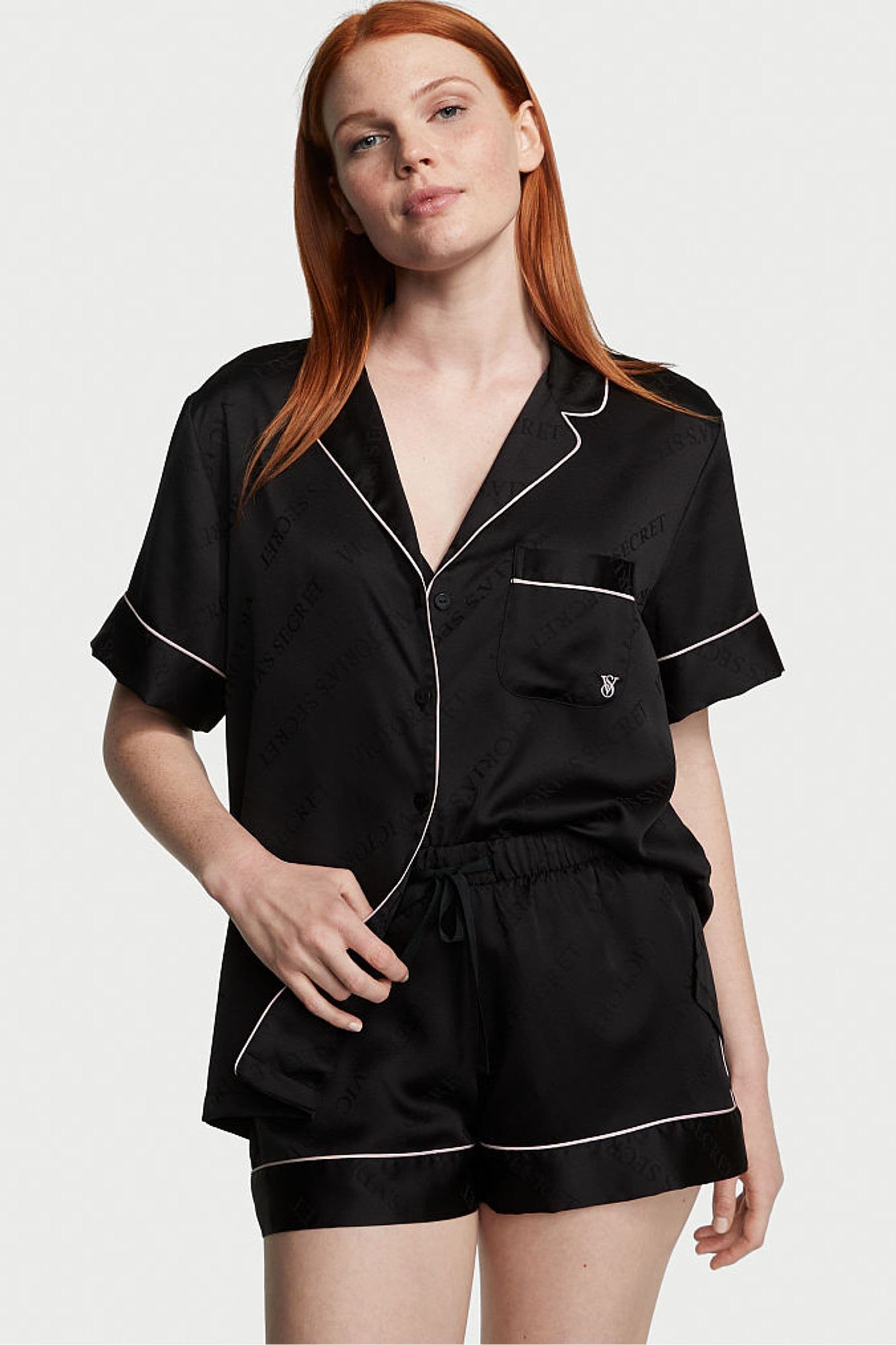 Buy Victoria s Secret Black Diagonal Stripe Satin Short Pyjama Set from the Next UK online shop