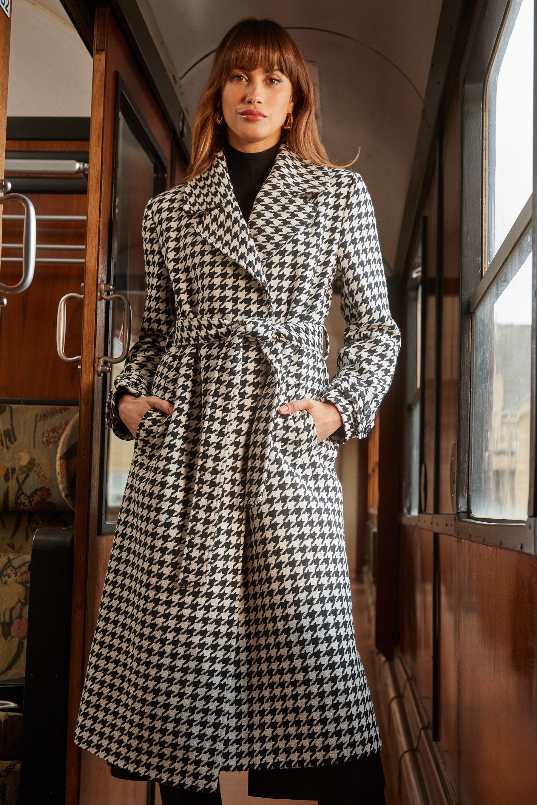 Buy Love Roses Black White Dogtooth Belted Wrap Coat from Next Luxembourg