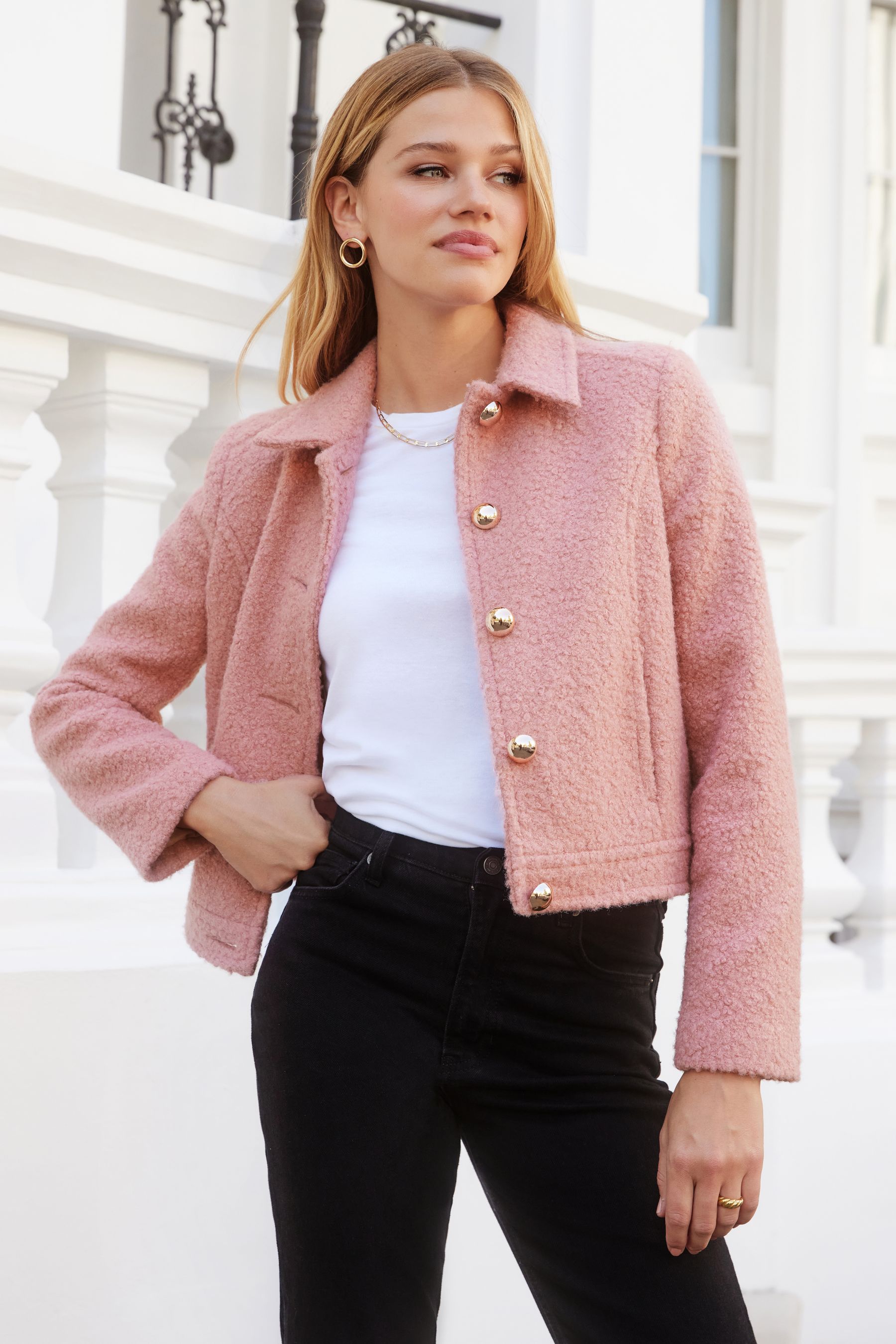 Buy Friends Like These Pink Boucle Short Button Tailored Jacket from Next Luxembourg