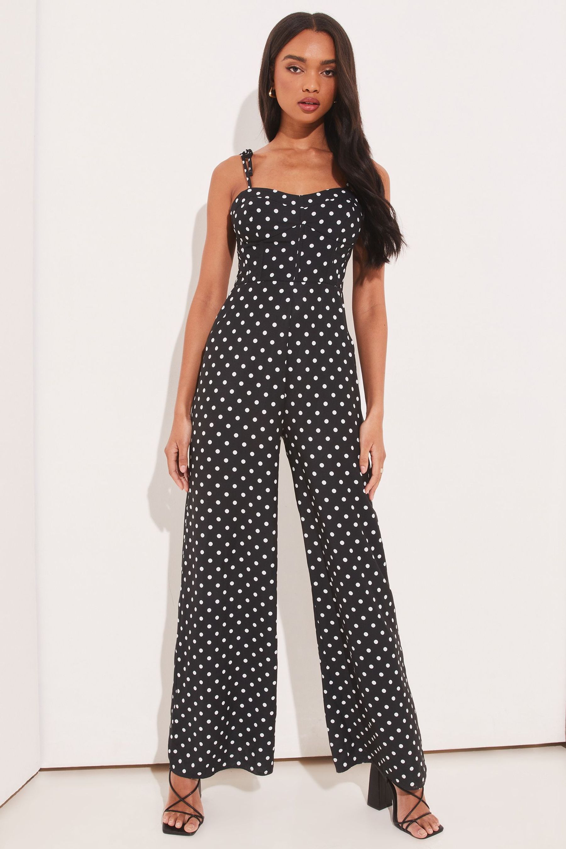 Buy Lipsy Black White Polka Dot Strappy Corset Wide Leg Jumpsuit from Next Austria