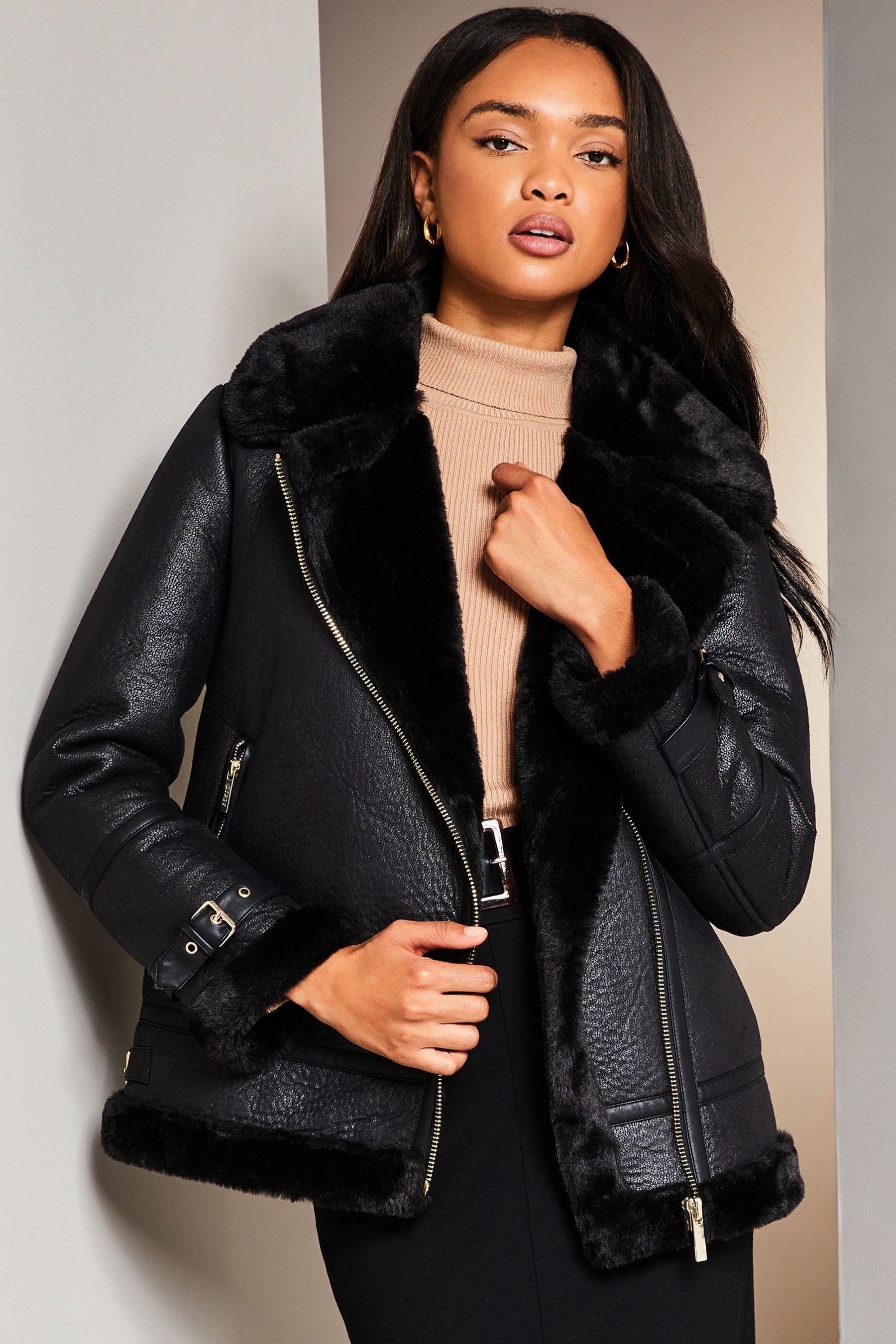 Black fur lined aviator jacket on sale