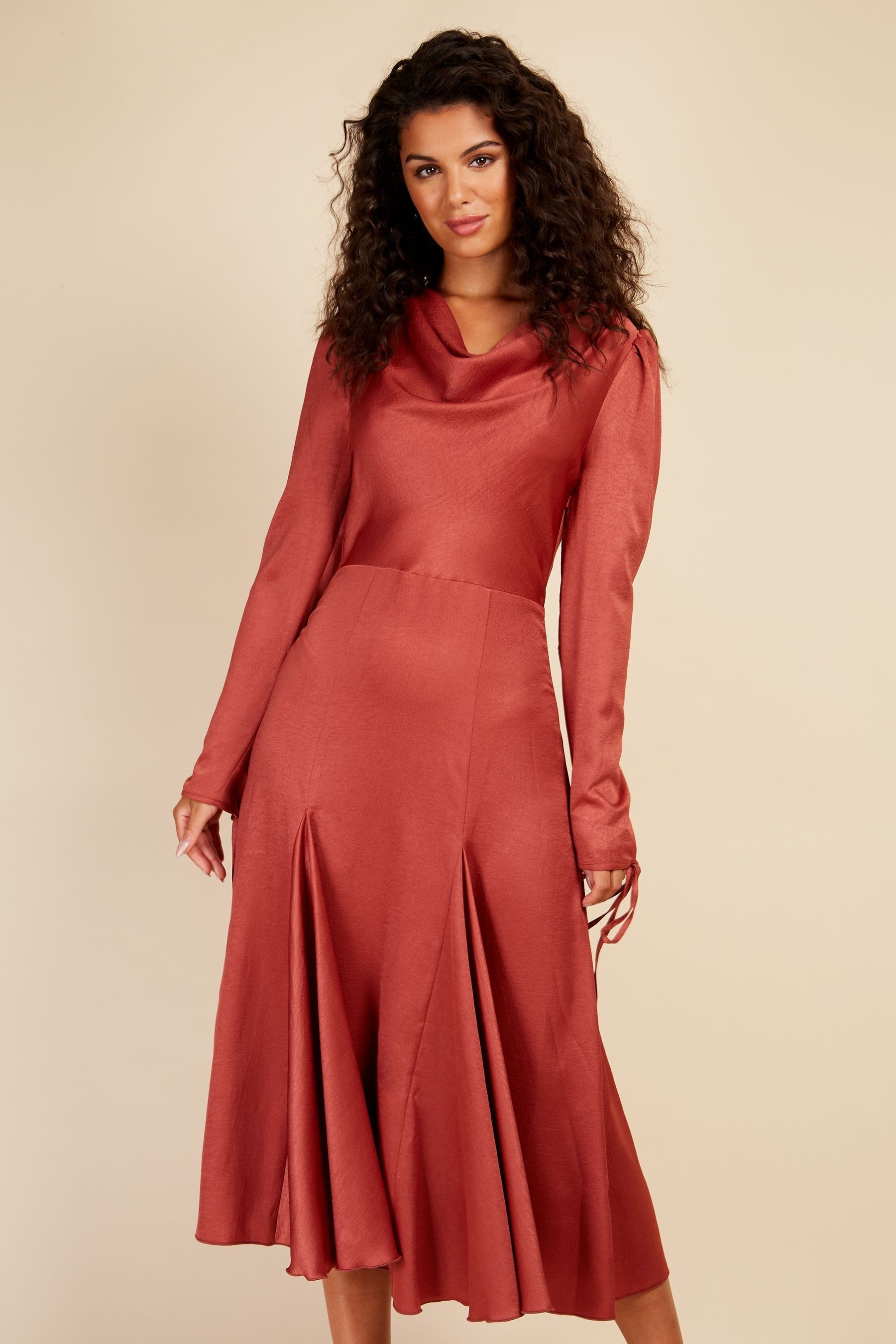 Buy Little Mistress Orange Coral Rose Satin Cowl Neck Midi Dress from Next Luxembourg