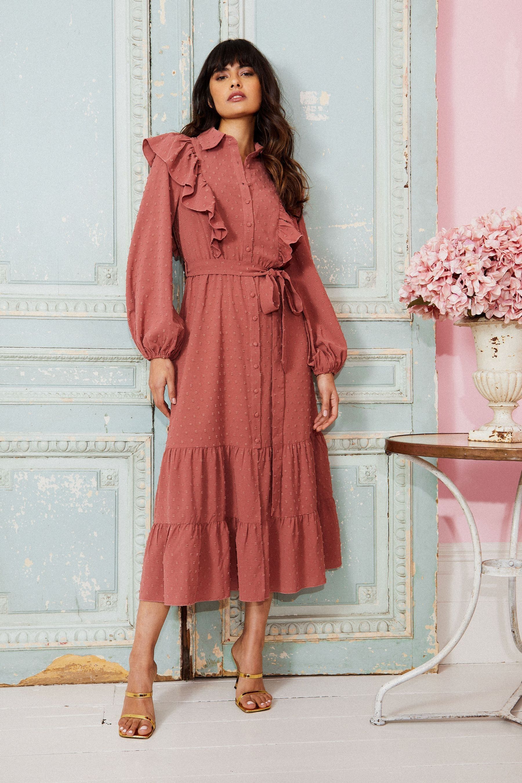 Buy Little Mistress Pink Coral Rose Dobby Spot Midi Shirt Dress from Next Luxembourg