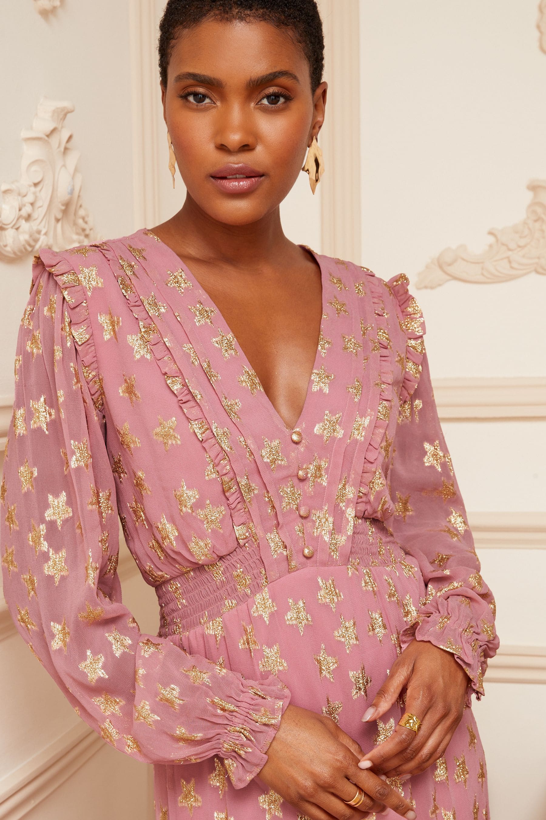 Buy Love Roses Pink Star Metallic V Neck Ruffle Long Sleeve Midi Summer Dress from Next Luxembourg
