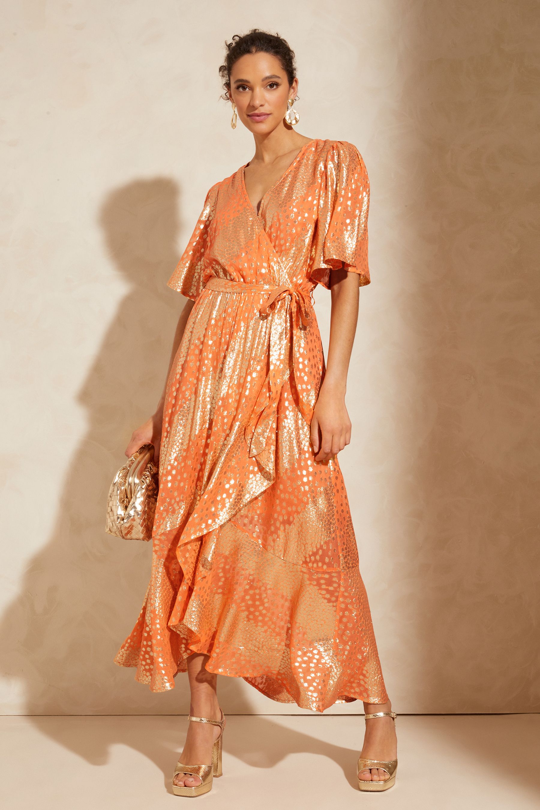 Buy Love Roses Orange Metallic Flutter Sleeve Wrap Tiered Midi Dress from Next Luxembourg
