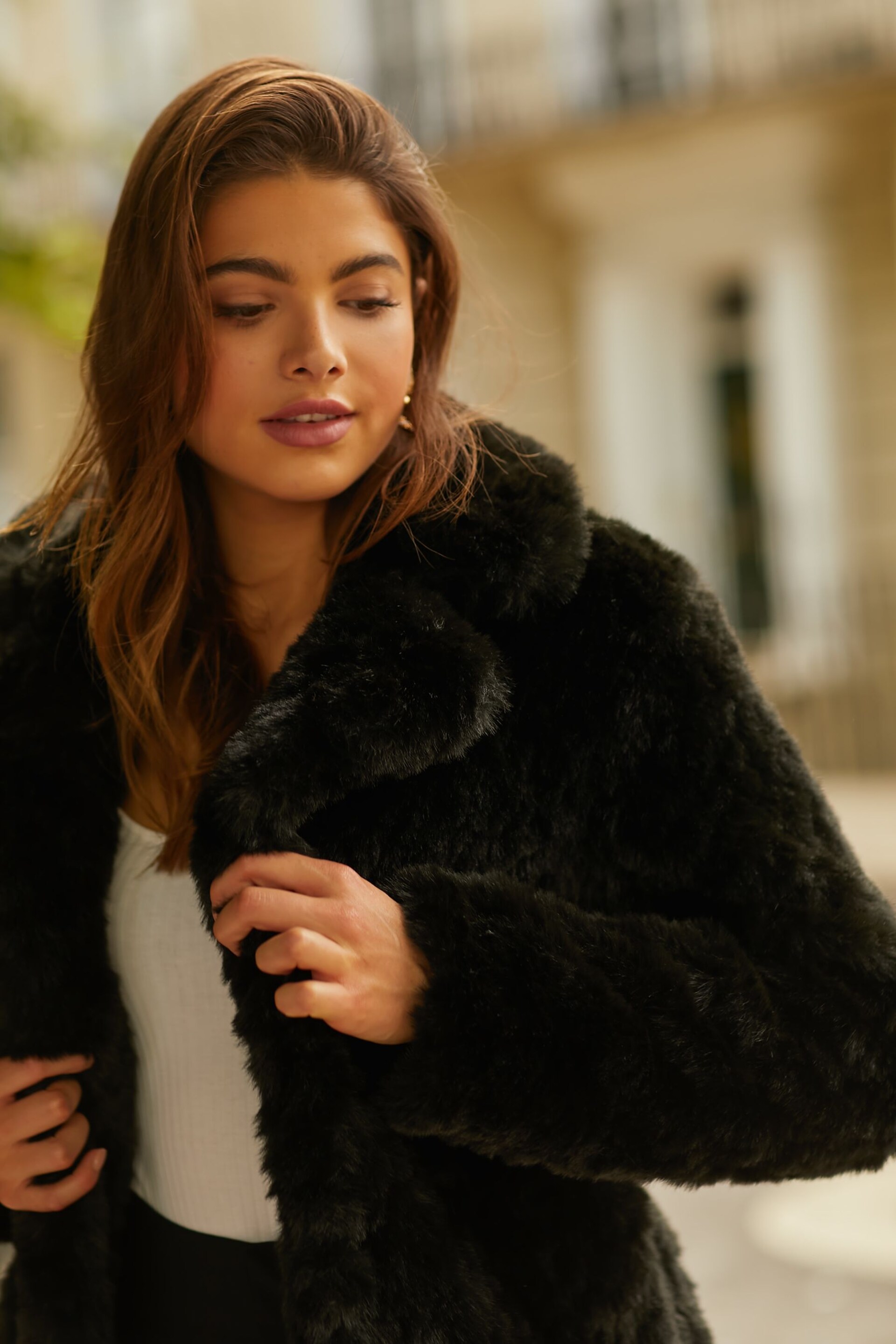 Friends Like These Black Petite Long Line Texture Faux Fur Jacket - Image 3 of 4