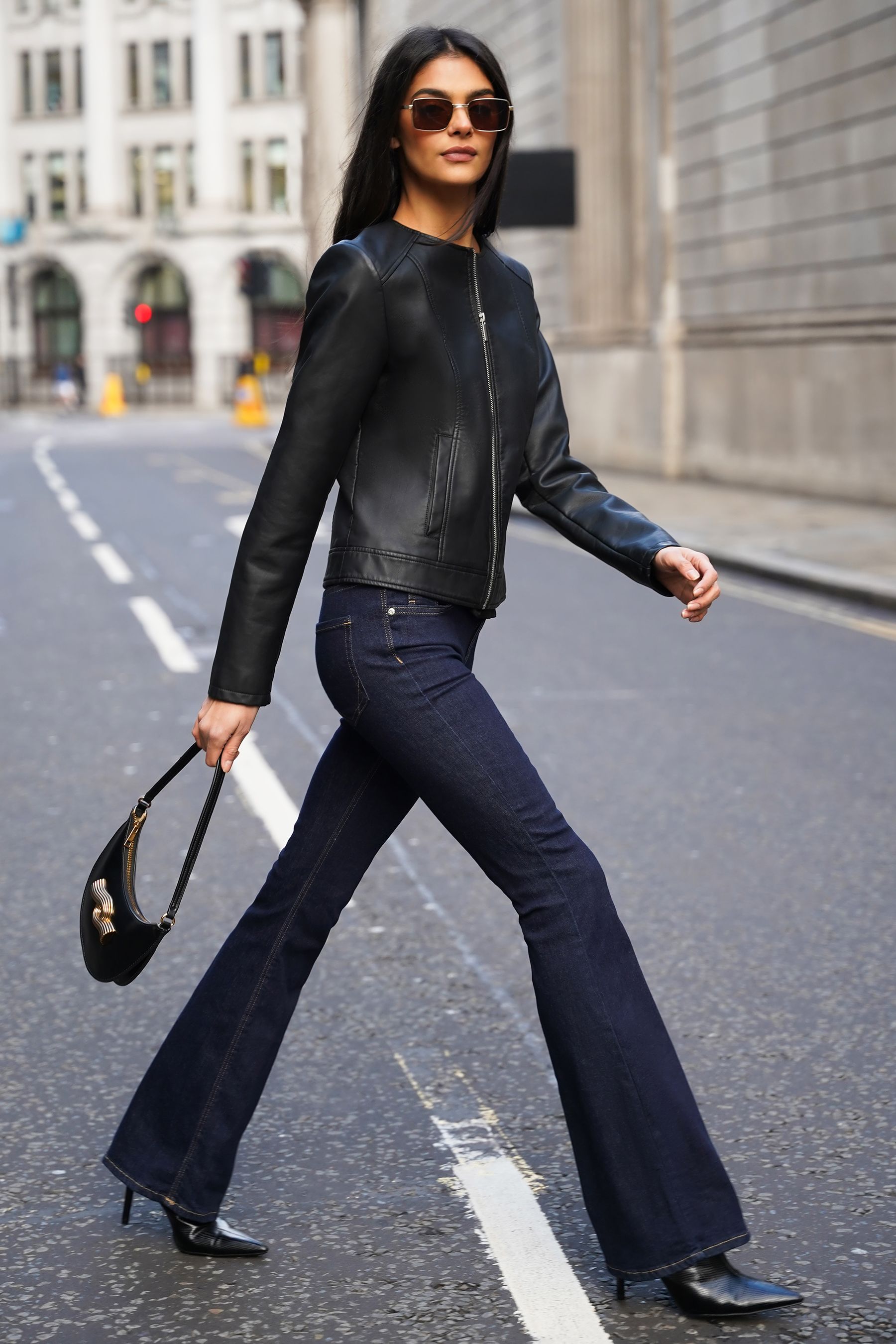 Black faux leather collarless jacket hotsell