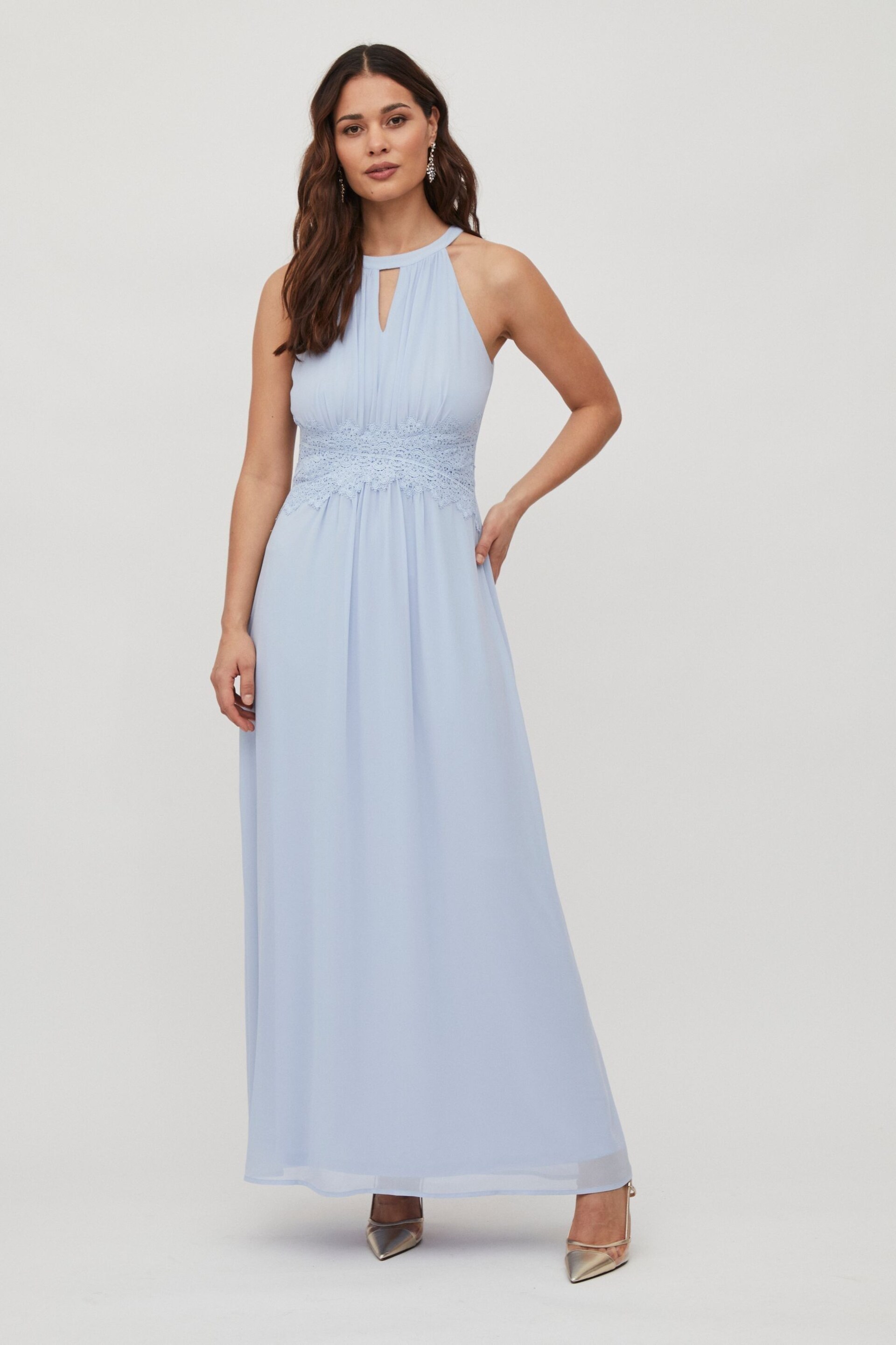 Vila Light Blue Halter Neck Tulle Maxi Dress - Image 1 of 5