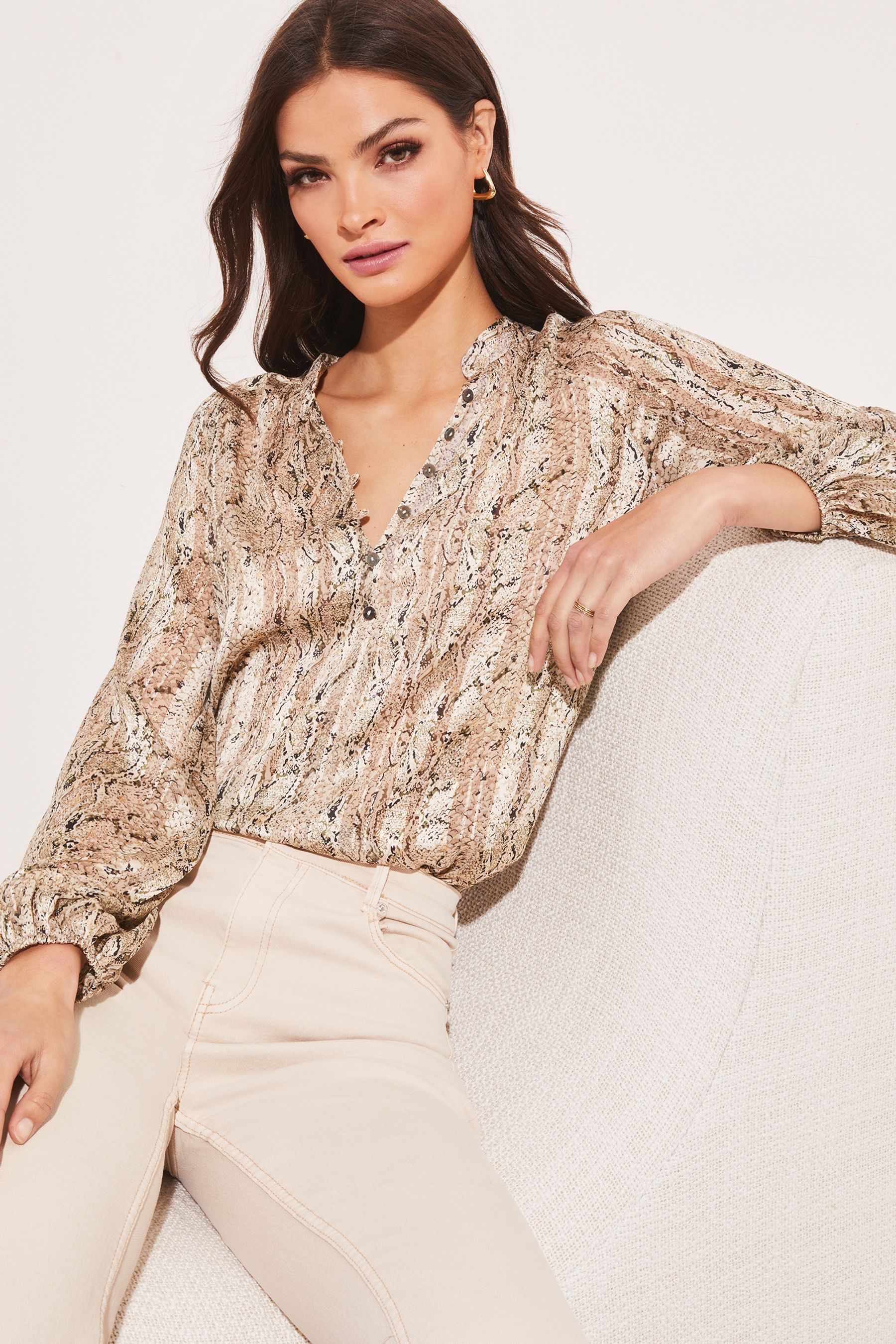 Buy Lipsy Snake Print Long Sleeve Collared Button Blouse from Next Luxembourg