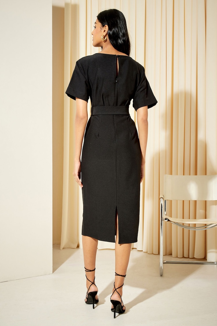 Friends Like These Black Tailored Short Sleeve Belted Midi Dress - Image 4 of 4