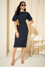 Friends Like These Navy Blue Tailored Short Sleeve Belted Midi Dress - Image 1 of 4