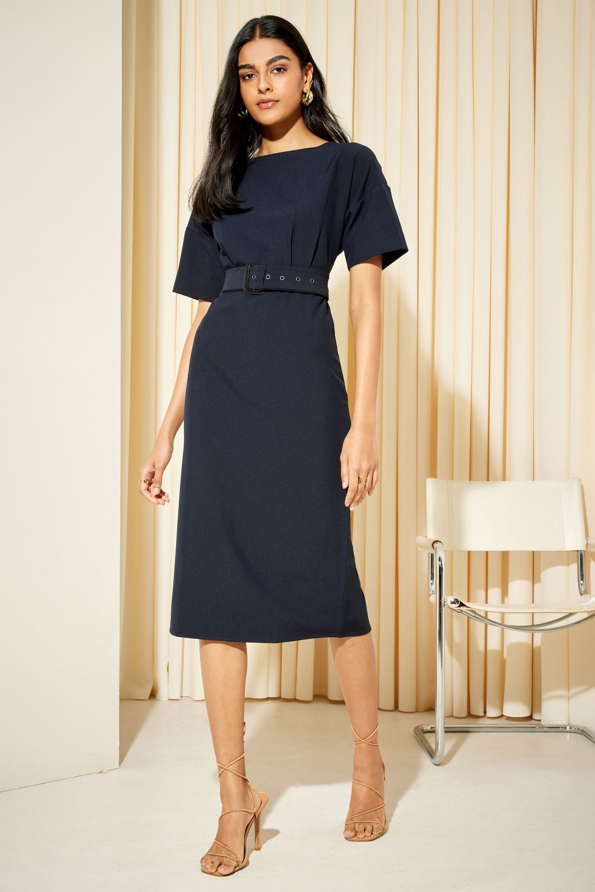 Friends Like These Navy Blue Tailored Short Sleeve Belted Midi Dress - Image 3 of 4