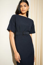 Friends Like These Navy Blue Tailored Short Sleeve Belted Midi Dress - Image 4 of 4
