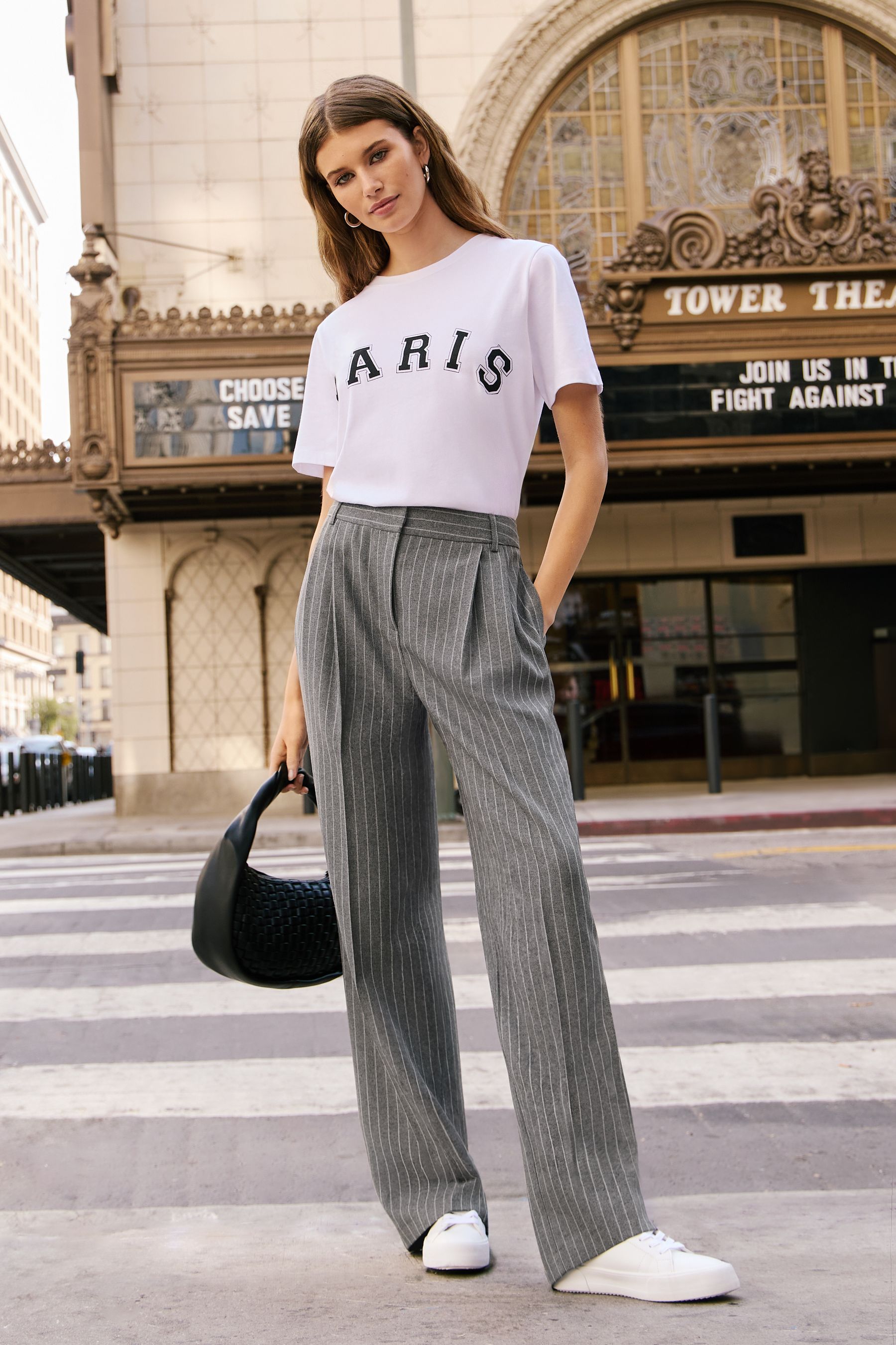Buy Friends Like These Grey Pinstripe Petite Wide Leg Button Front Smart Workwear Trousers from Next Luxembourg