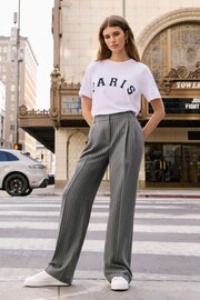 Friends Like These Grey Pinstripe Petite Wide Leg Button Front Smart Workwear Trousers - Image 4 of 4