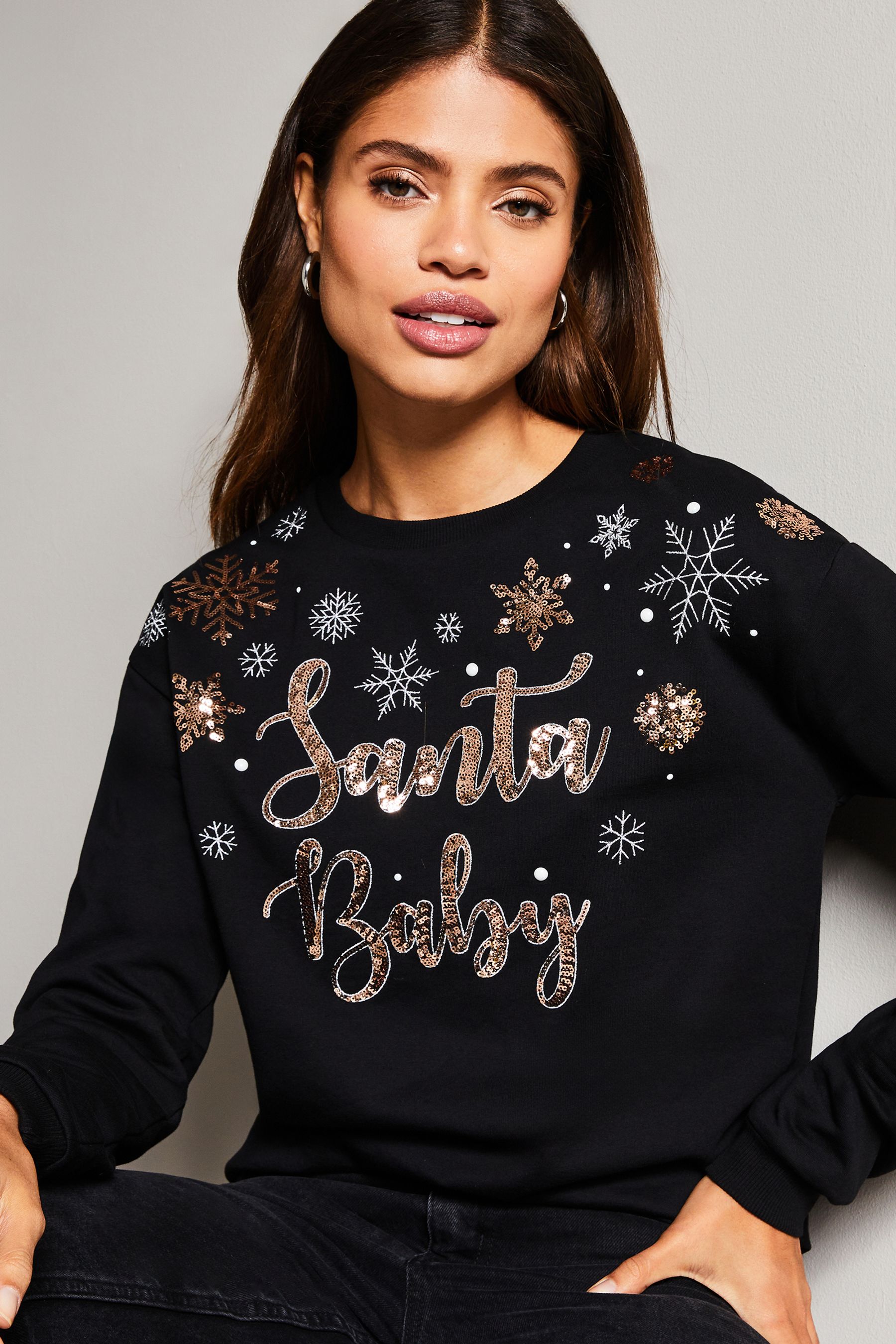 Lipsy Black Multi Sequin Christmas Round Neck Jumper