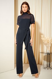 Friends Like These Navy Blue Sequin Trim High Neck Short Sleeve Wide Leg Jumpsuit - Image 1 of 4