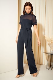 Friends Like These Navy Blue Sequin Trim High Neck Short Sleeve Wide Leg Jumpsuit - Image 3 of 4