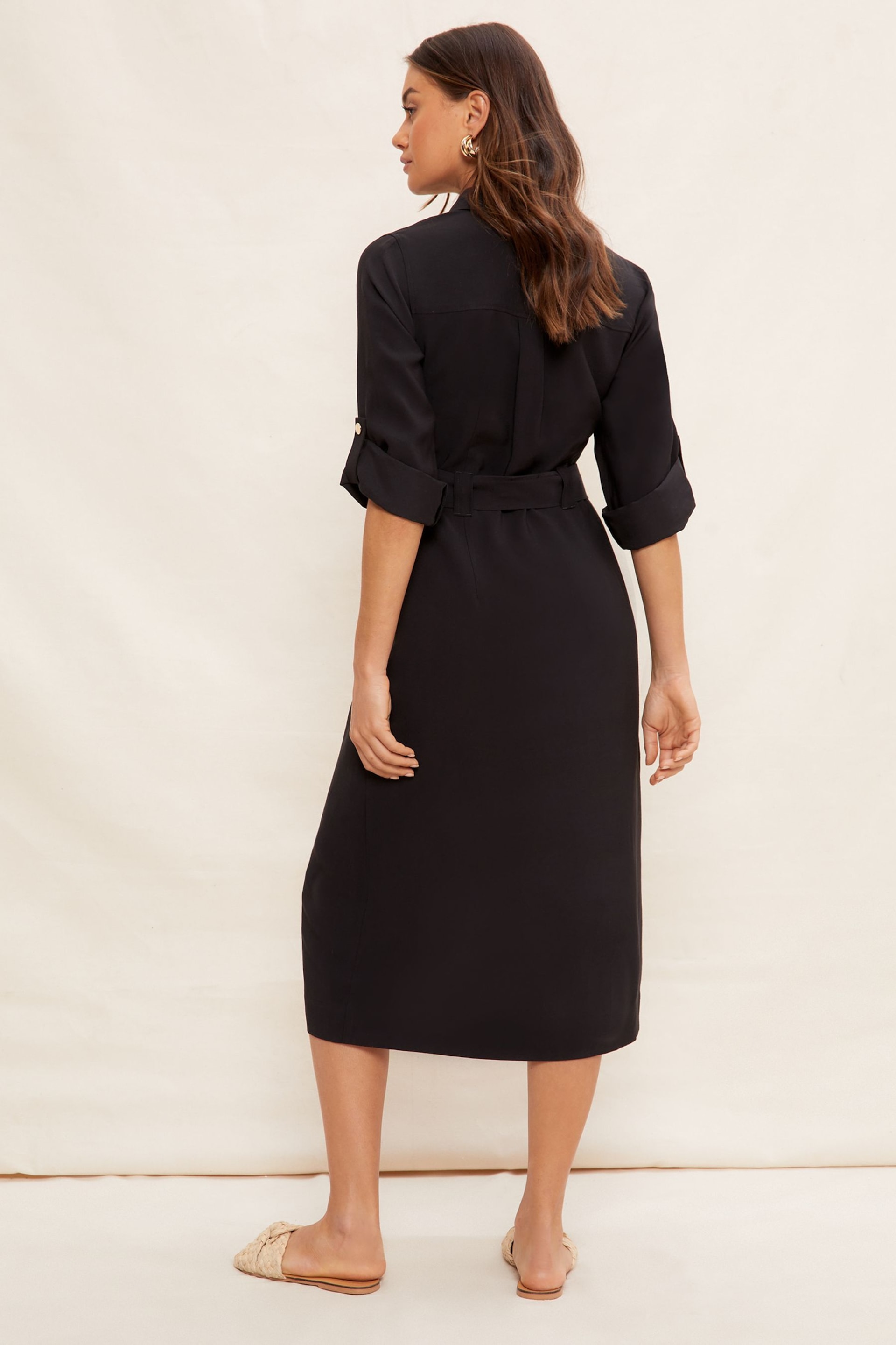 Friends Like These Black Utility Belted Long Sleeve Midi Shirt Dress - Image 6 of 8