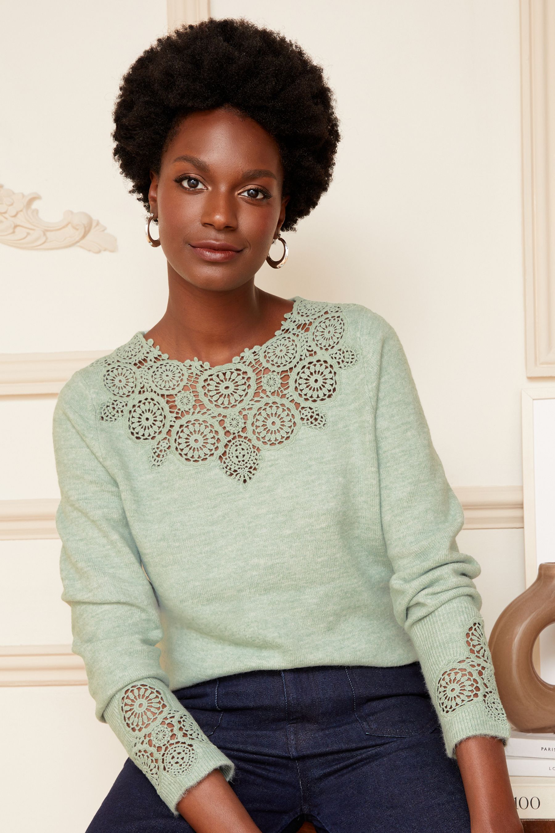 Buy Love Roses Green Round Neck Crochet Mix Long Sleeve Jumper from Next Luxembourg