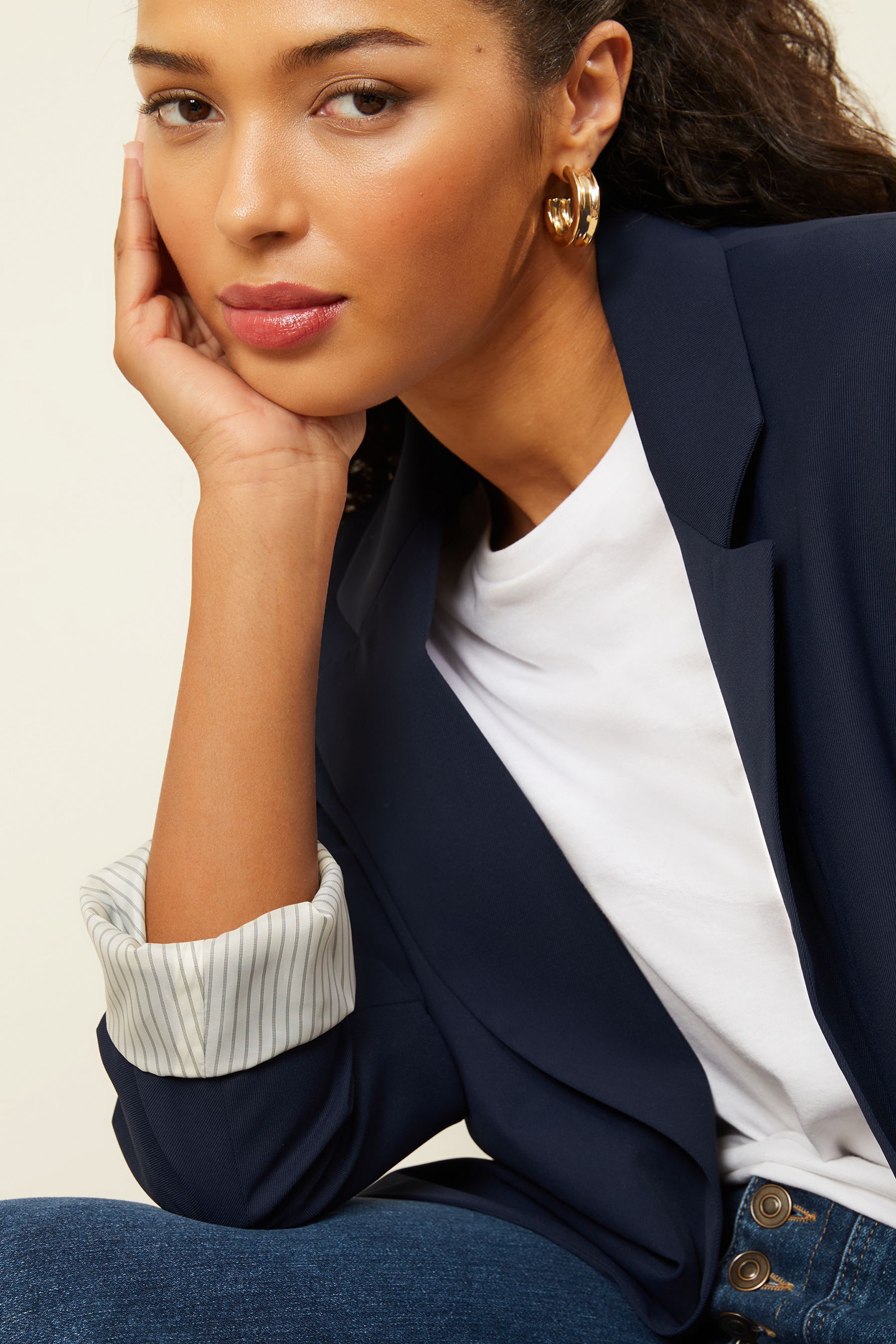 Buy Love Roses Navy Blue Striped Lining Edge To Edge Tailored Blazer from Next Luxembourg