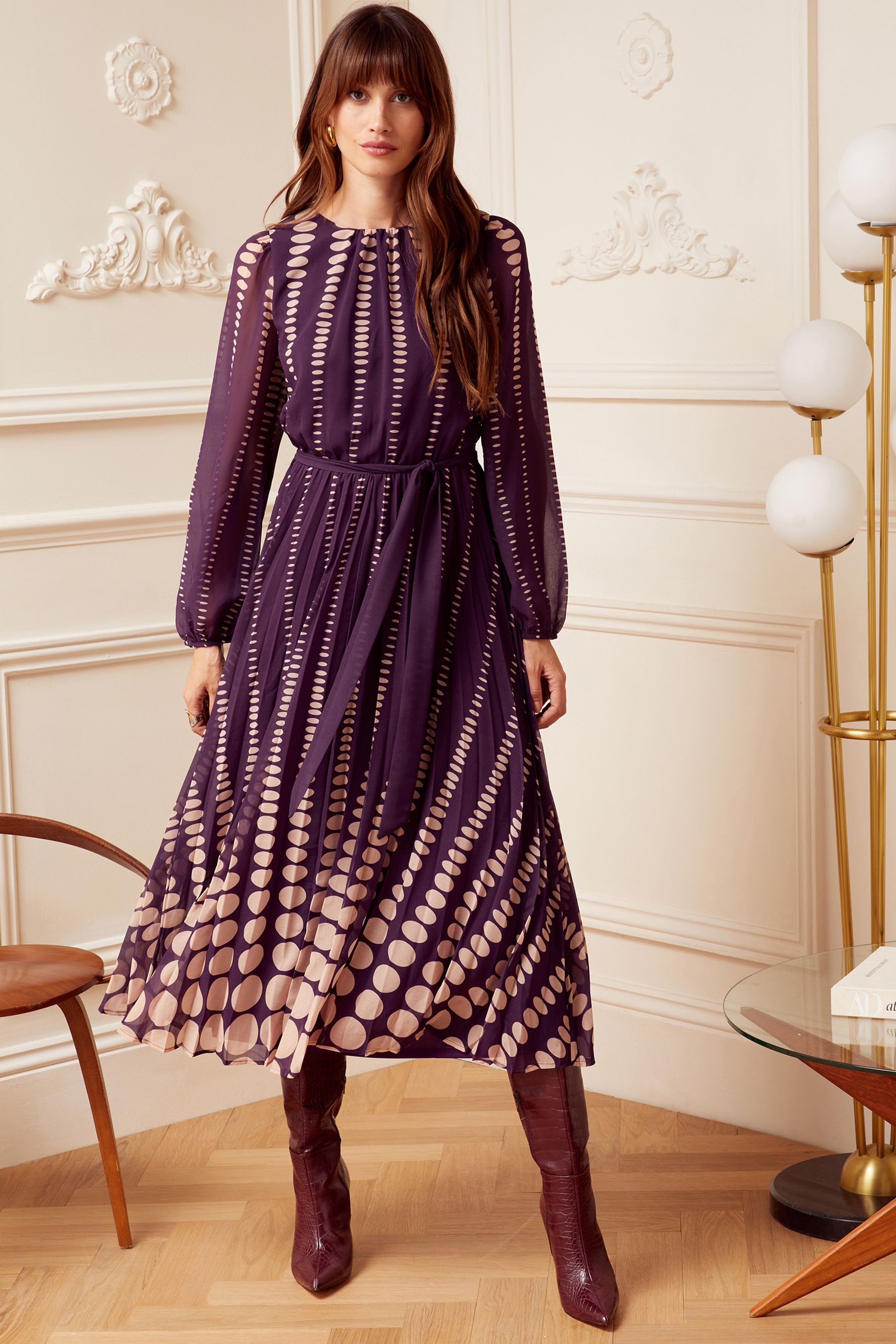 Buy Love Roses Berry Red Polka Dot Printed Belted Pleated Long Sleeve Midi Dress from Next Luxembourg