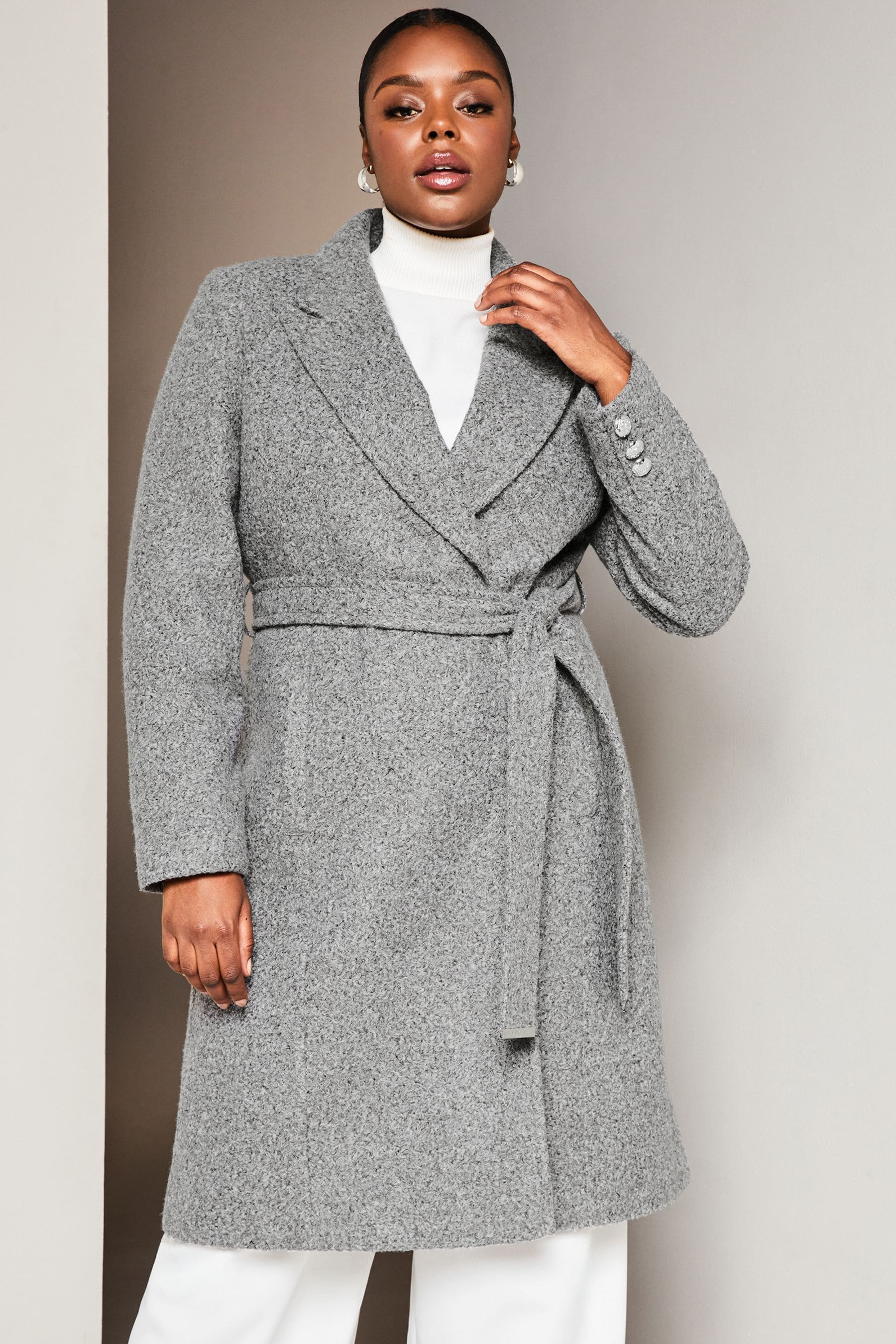 Buy Lipsy Grey Curve Relaxed Belted Boucle Smart Wrap Trench Coat from Next Luxembourg