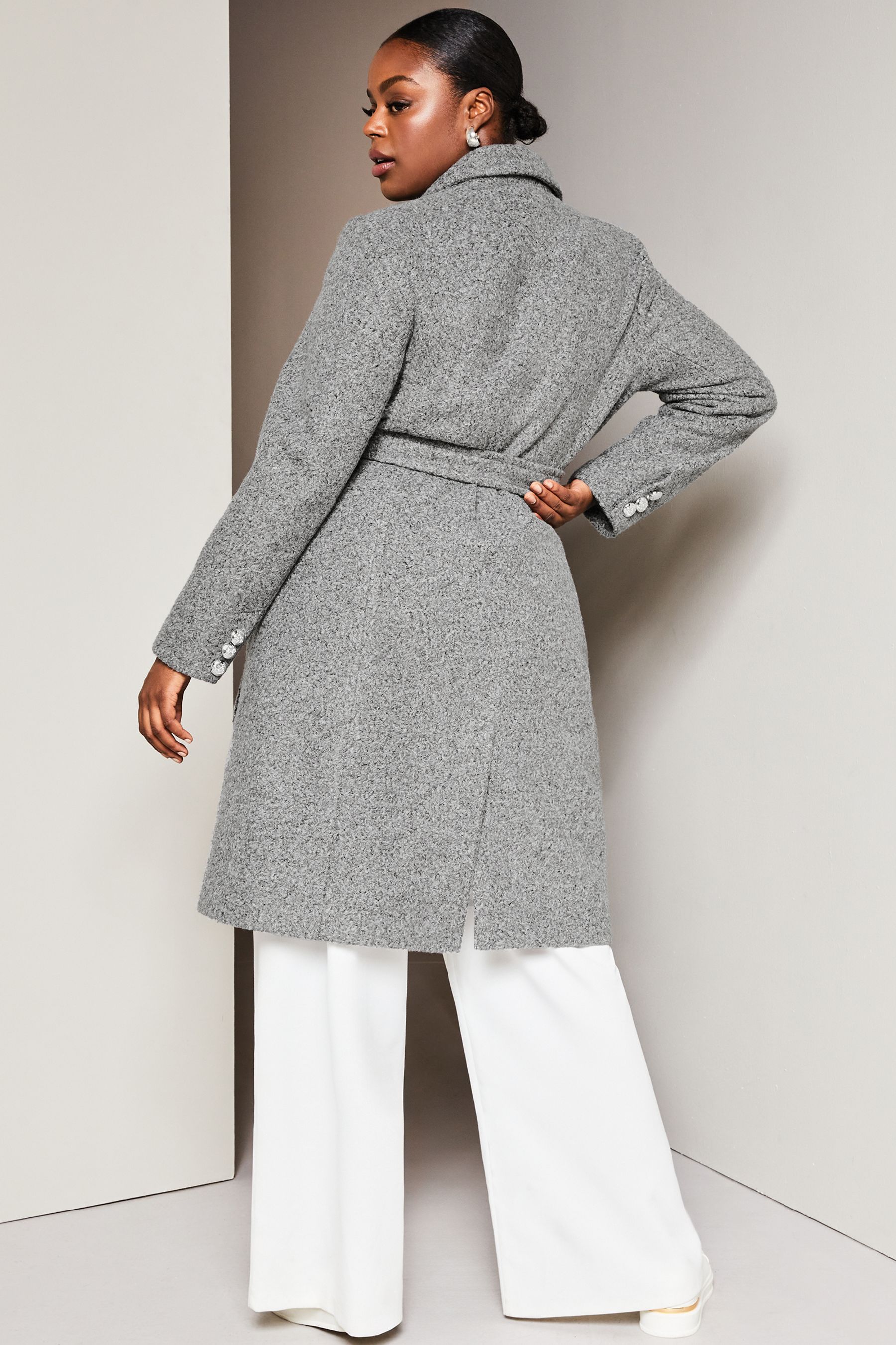 Buy Lipsy Grey Curve Relaxed Belted Boucle Smart Wrap Trench Coat from Next Oman