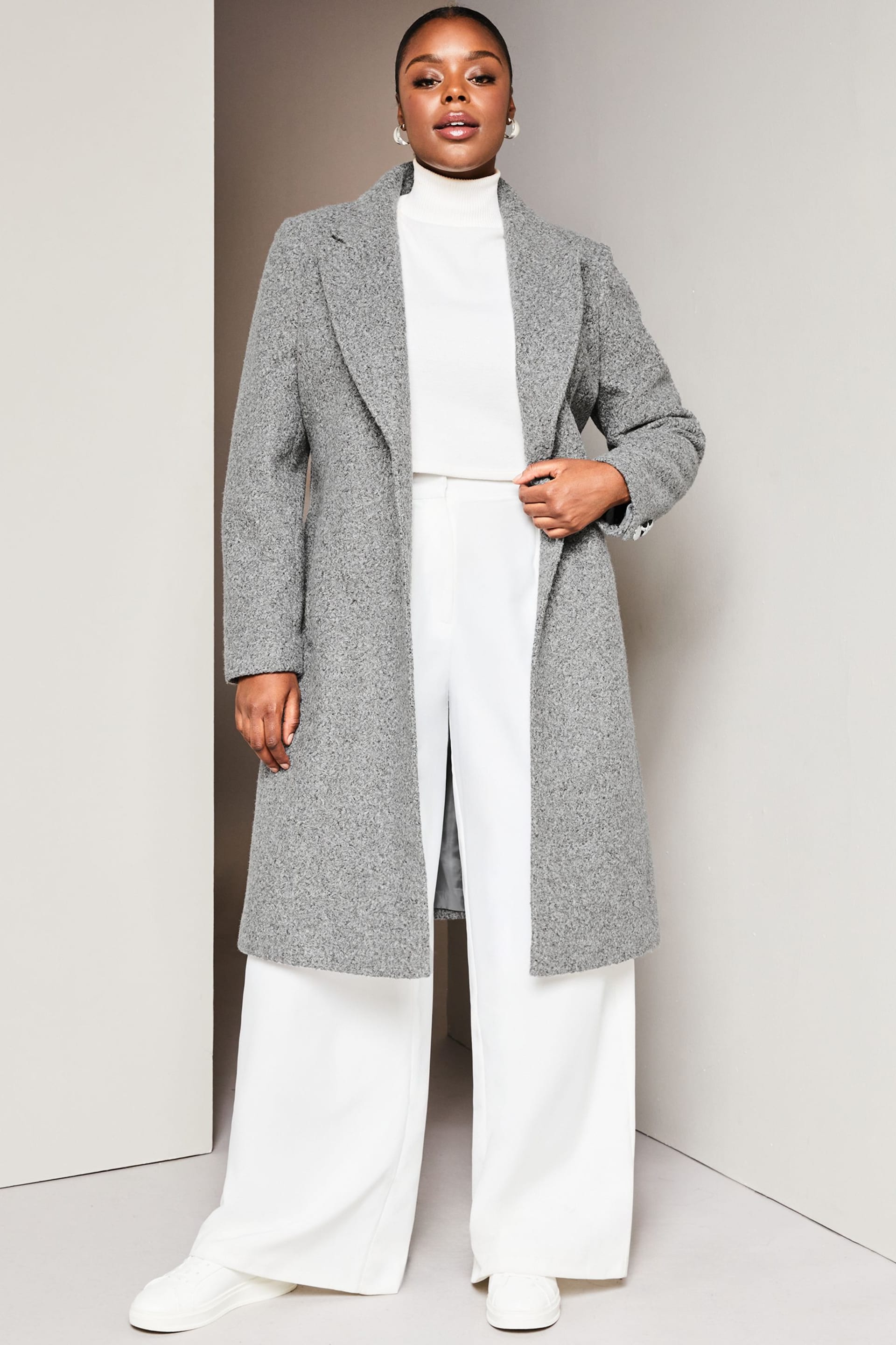 Lipsy Grey Curve Relaxed Belted Boucle Smart Wrap Trench Coat - Image 3 of 4