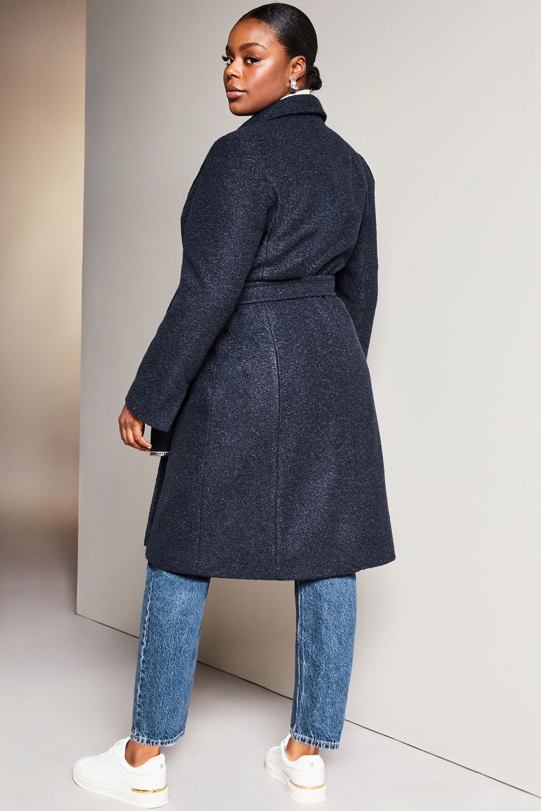 Buy Lipsy Navy Blue Curve Relaxed Belted Boucle Smart Wrap Trench Coat from Next Luxembourg