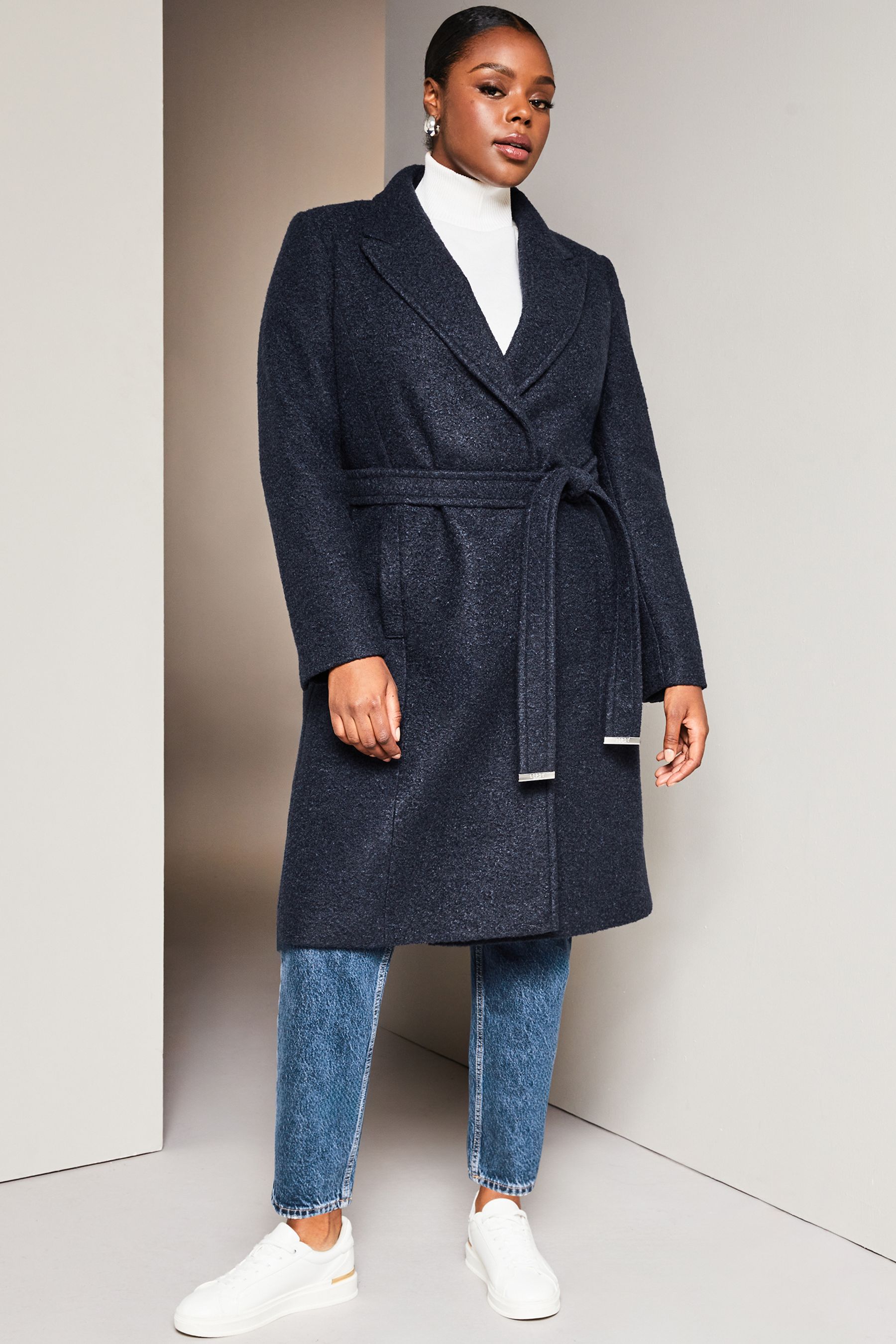 Buy Lipsy Navy Blue Curve Relaxed Belted Boucle Smart Wrap Trench Coat from Next Luxembourg